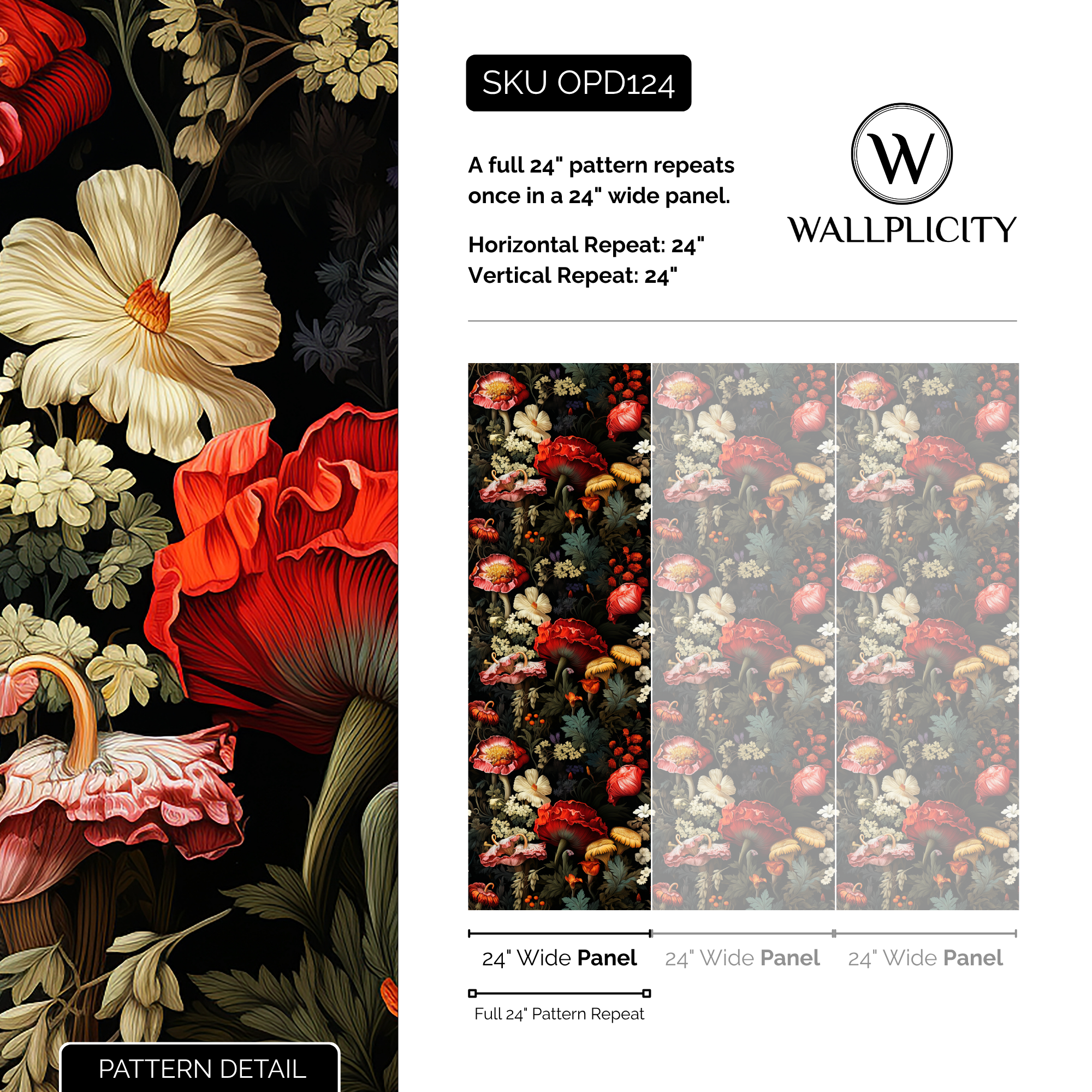 Scarlet Meadow wallpaper pattern detail and repeat size