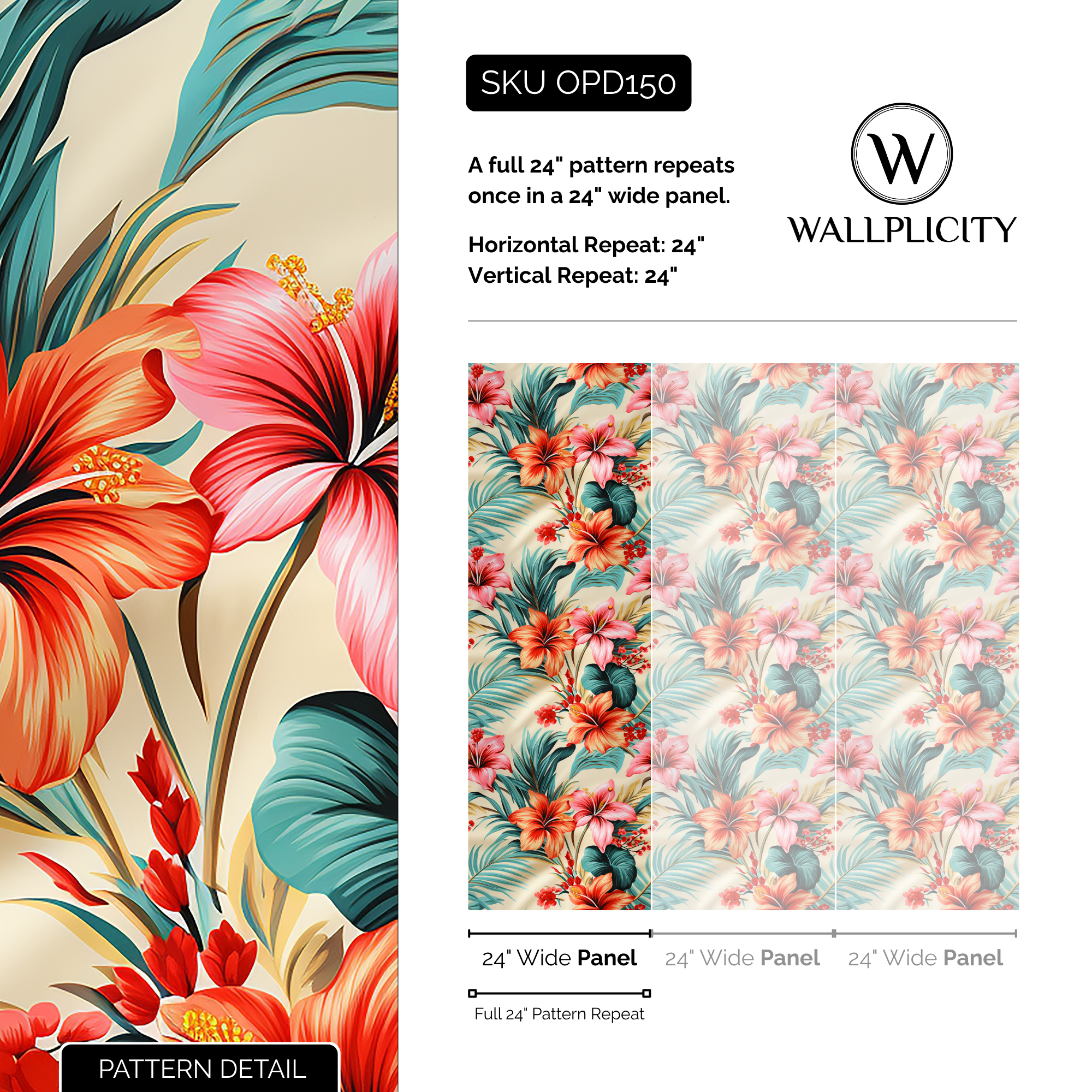 Hibiscus Holiday wallpaper pattern detail and repeat size