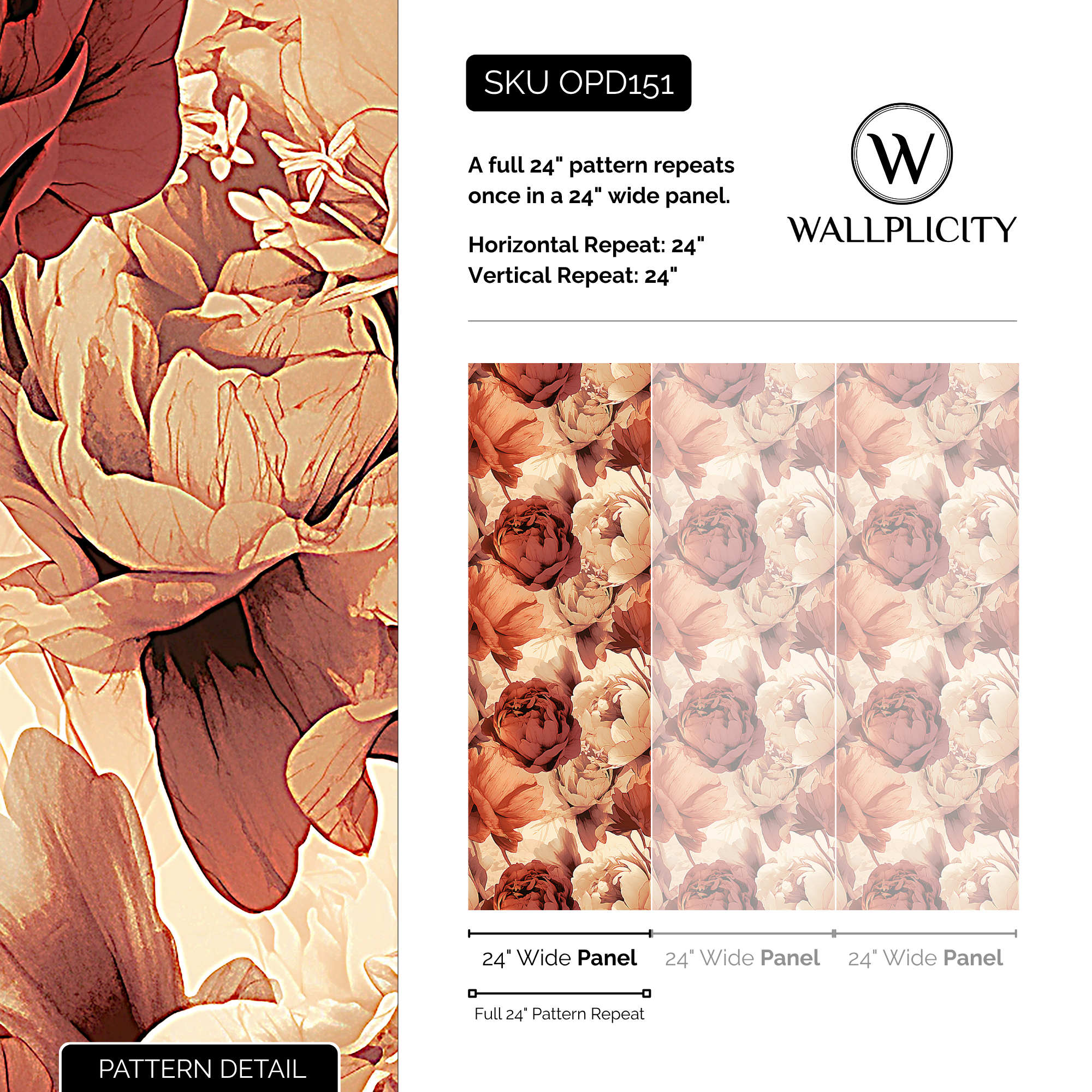 Amber Peony wallpaper pattern detail and repeat size
