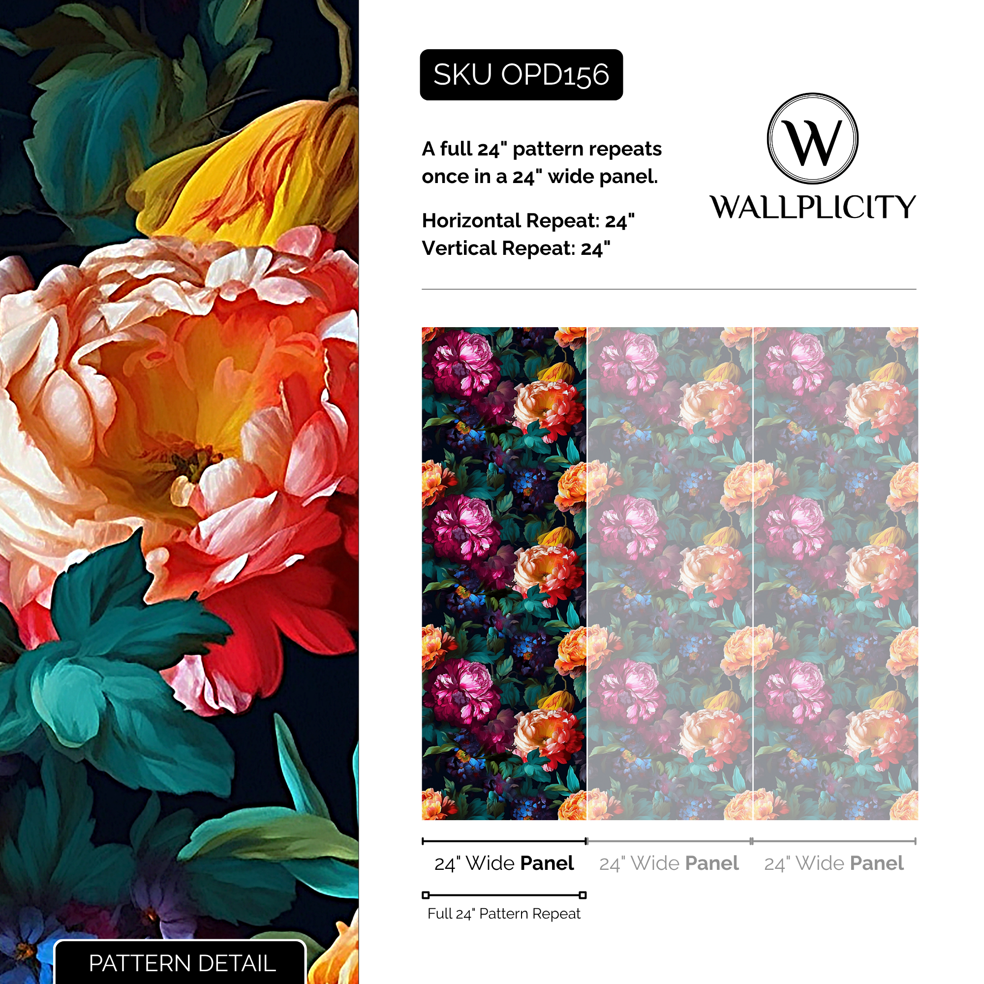 Moonflower wallpaper pattern detail and repeat size