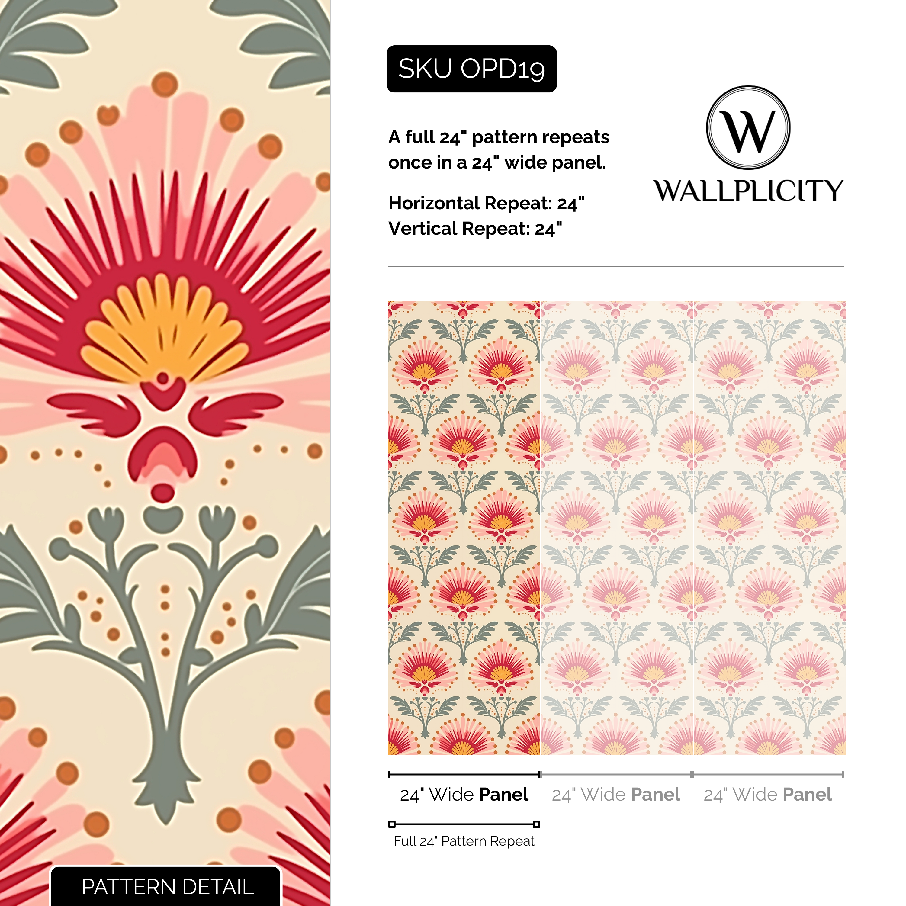 Prairie Rose wallpaper pattern detail and repeat size