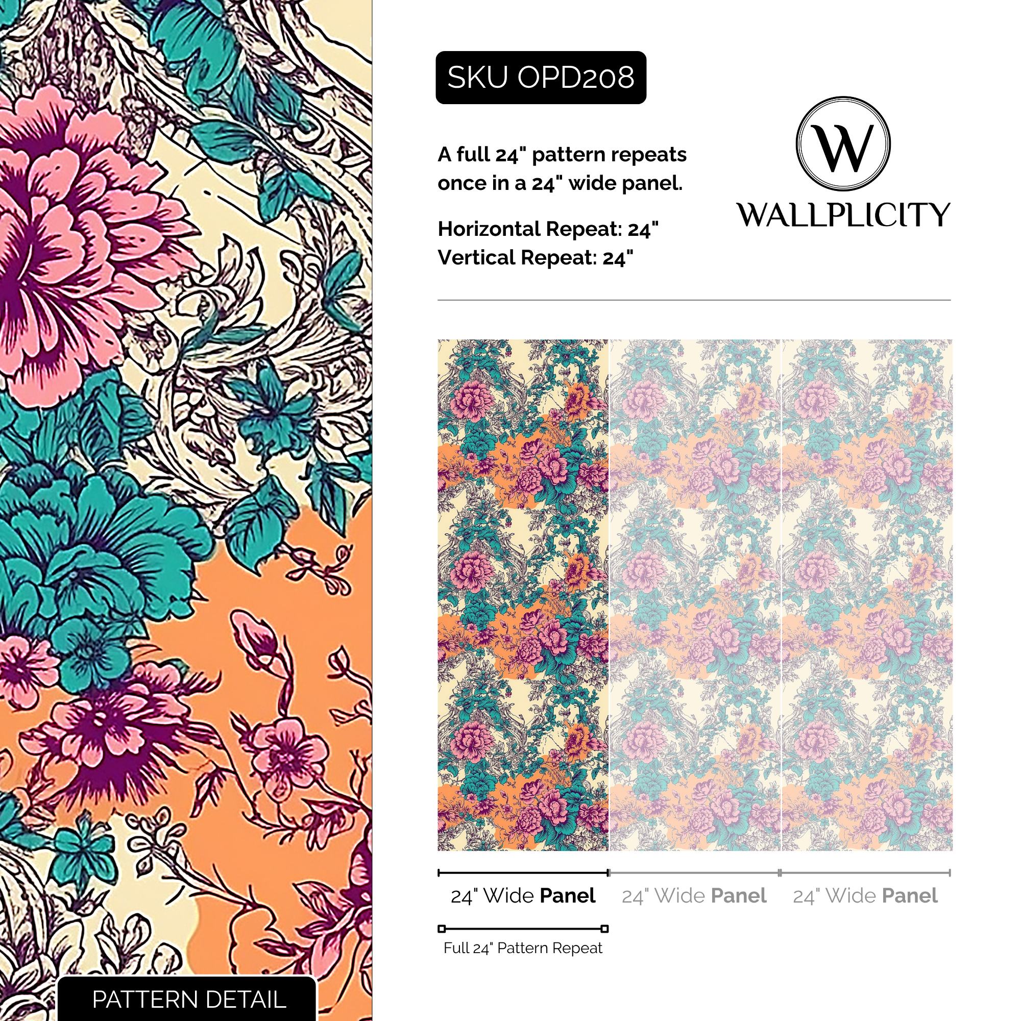 Rococo Coral wallpaper pattern detail and repeat size