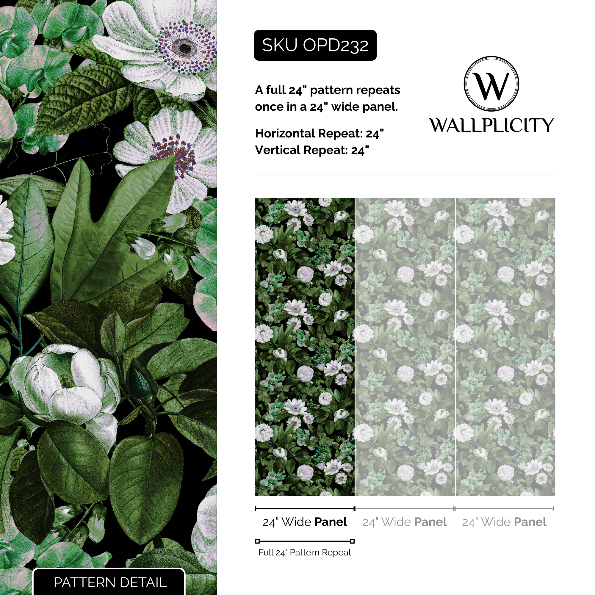 Deep Flora wallpaper pattern detail and repeat size