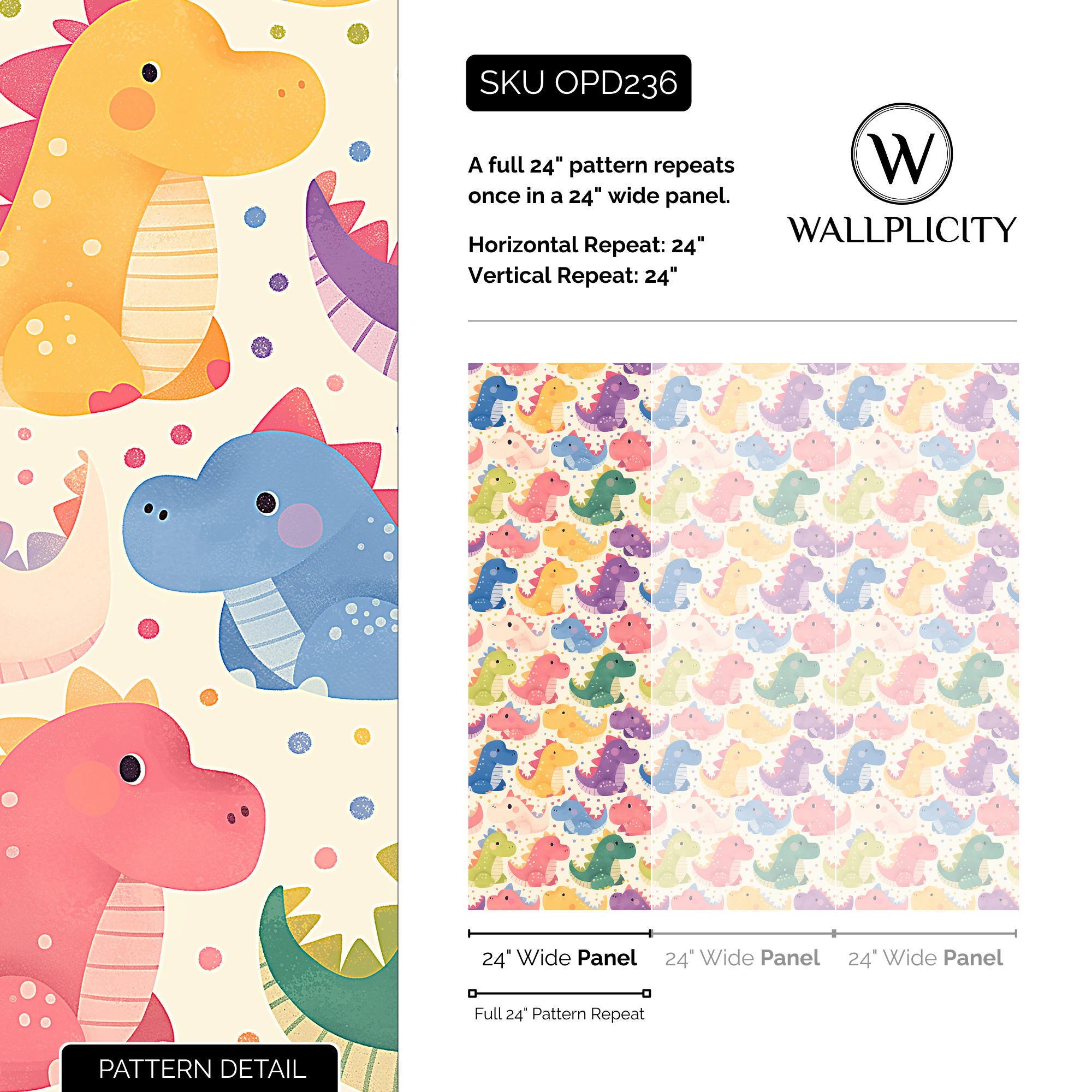 Dino Parade wallpaper pattern detail and repeat size