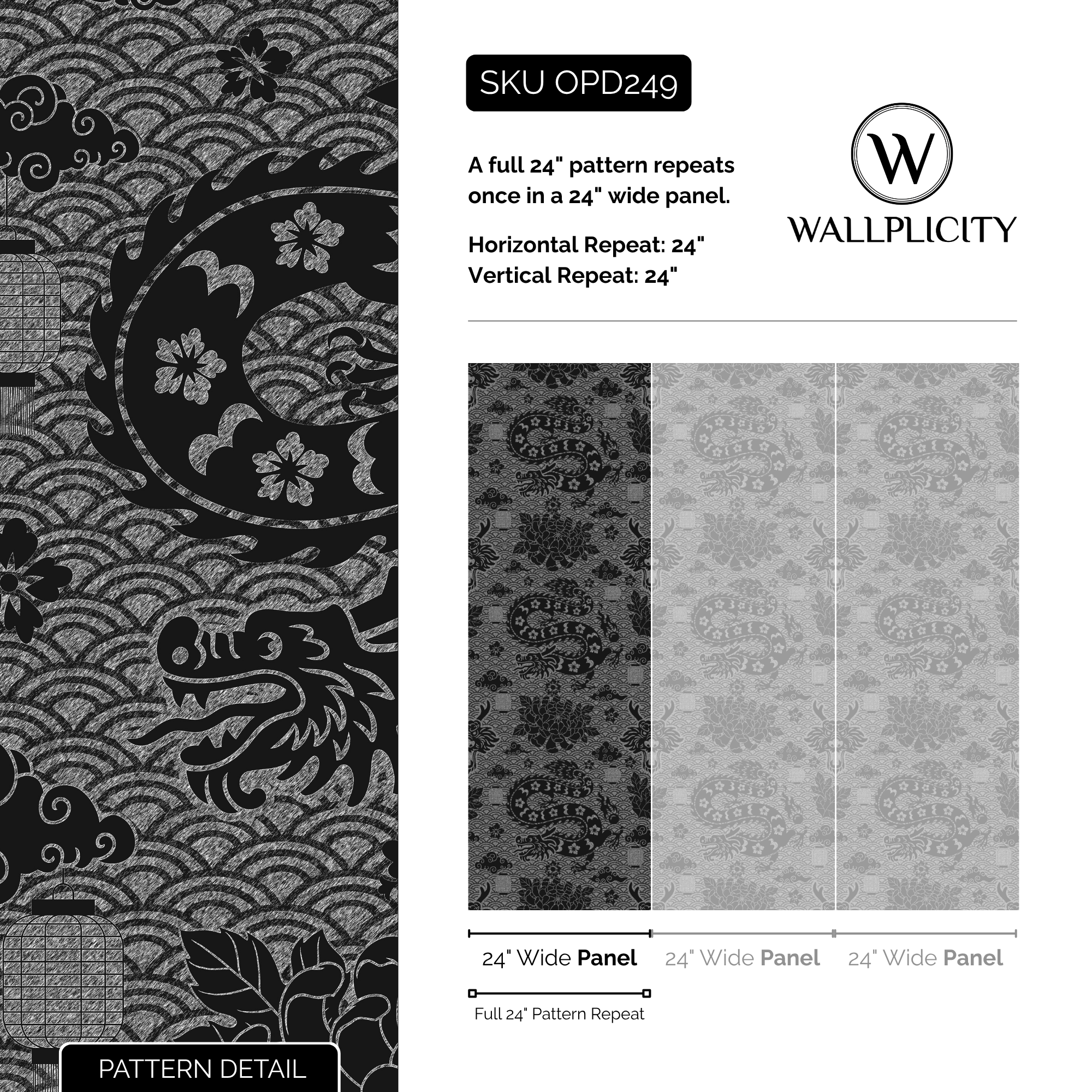 Shadow Dragon wallpaper pattern detail and repeat size