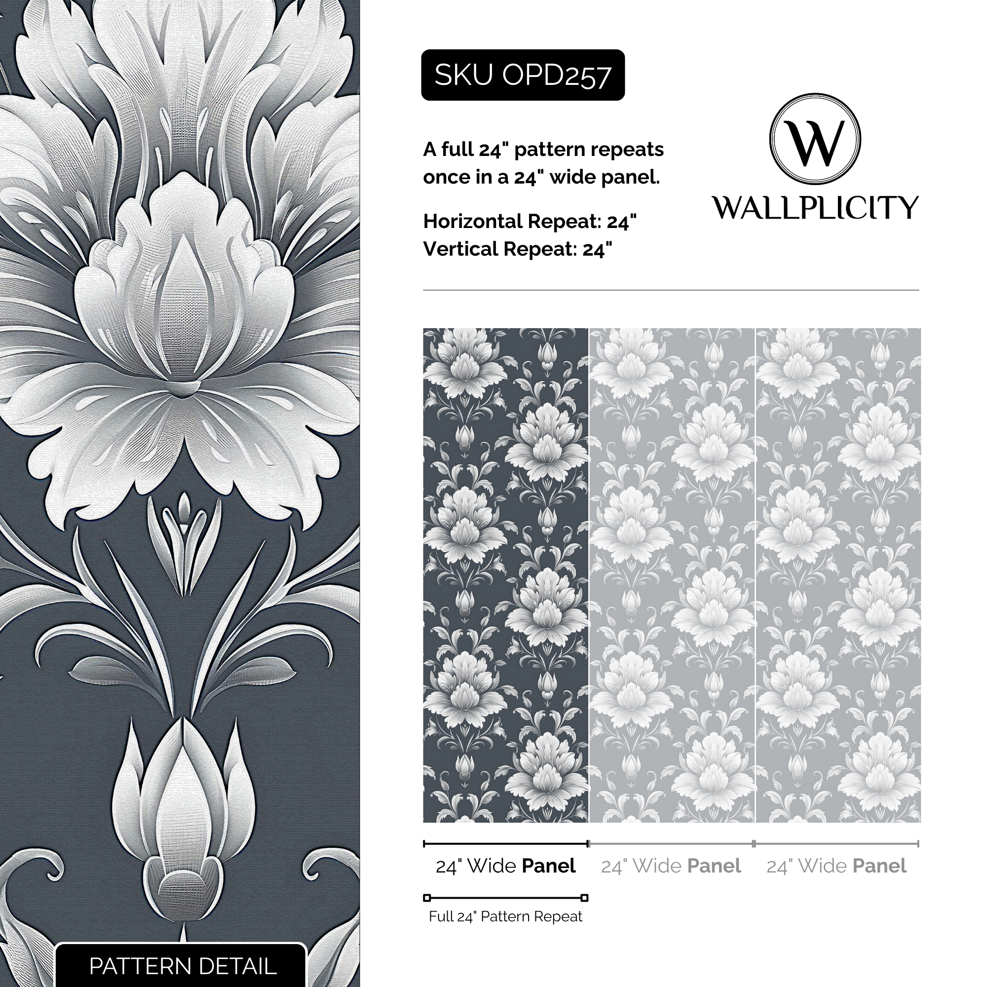Sterling Damask wallpaper pattern detail and repeat size