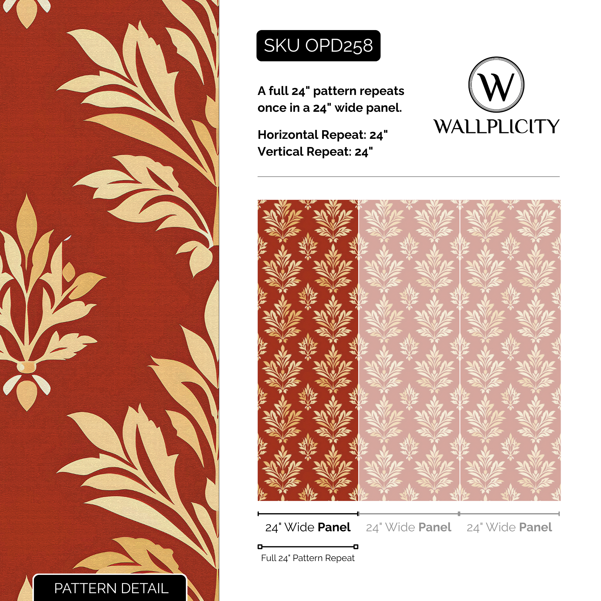 Terra Damask wallpaper pattern detail and repeat size