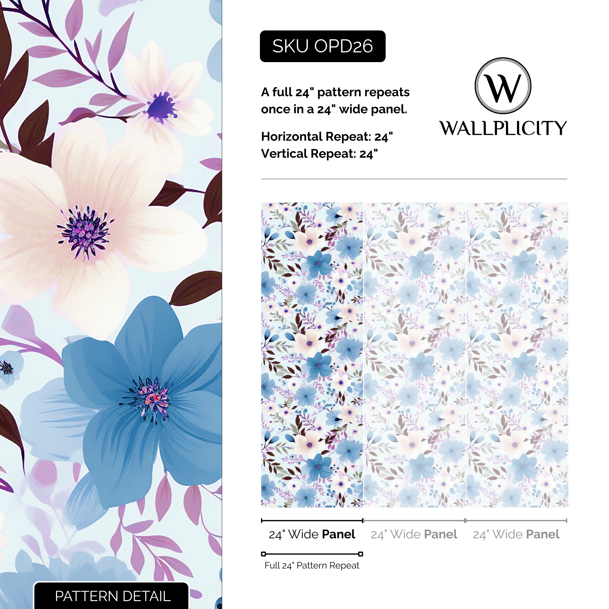 Bluebell Daydream wallpaper pattern detail and repeat size