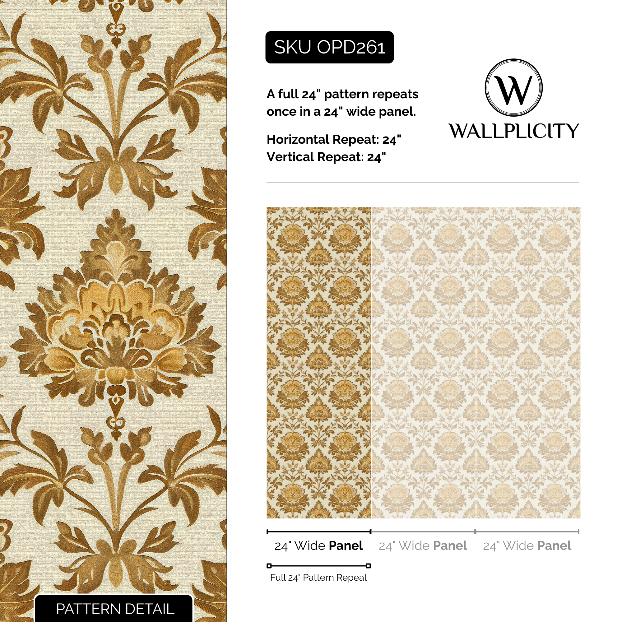 Gilded Damask wallpaper pattern detail and repeat size