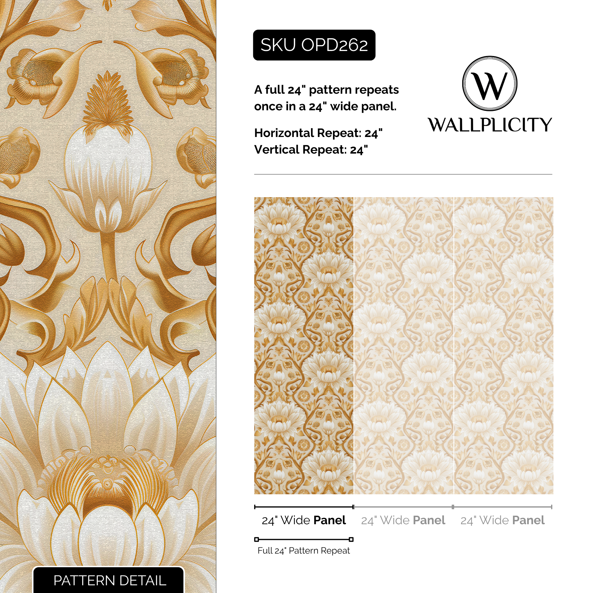 Golden Lotus wallpaper pattern detail and repeat size