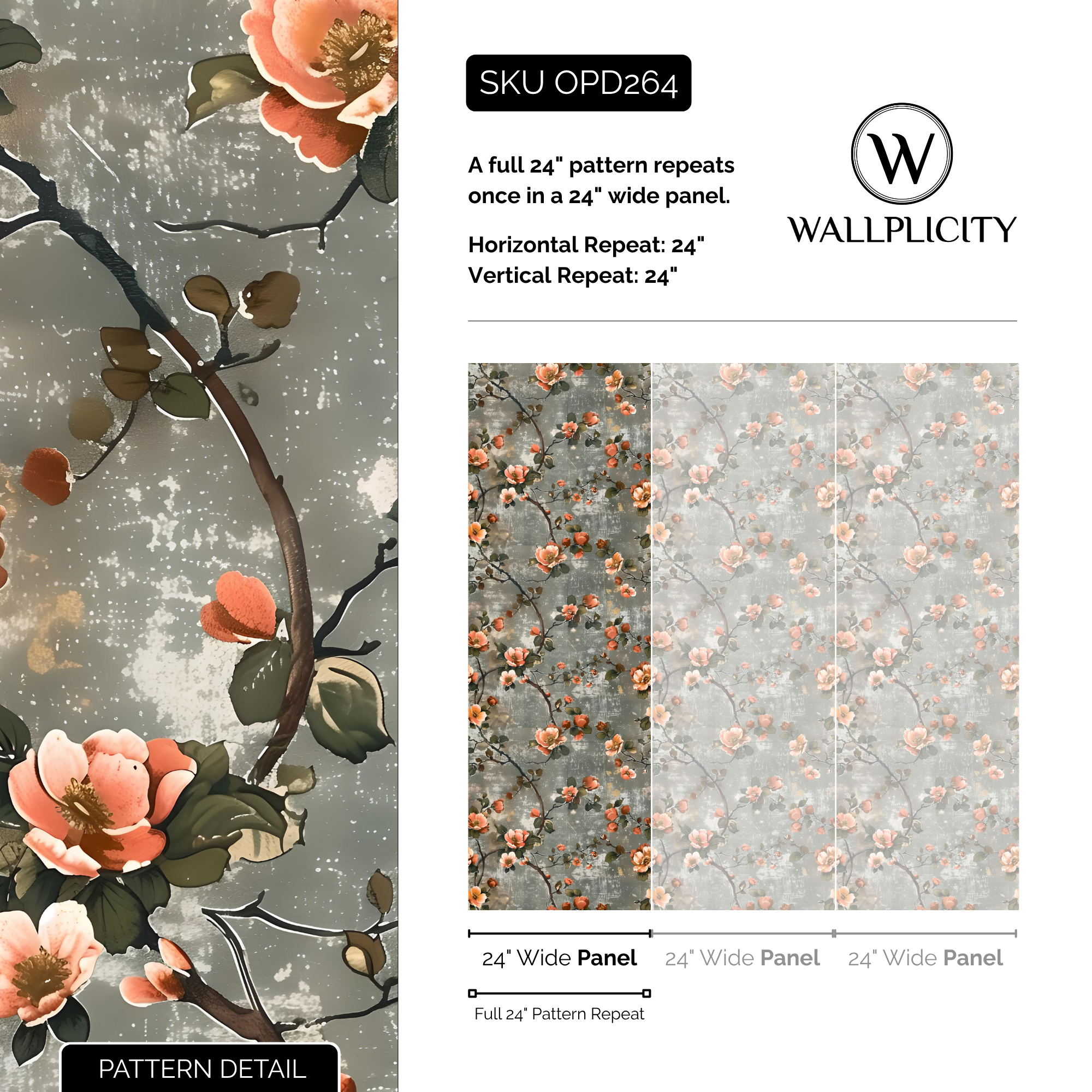 Coral & Ash wallpaper pattern detail and repeat size
