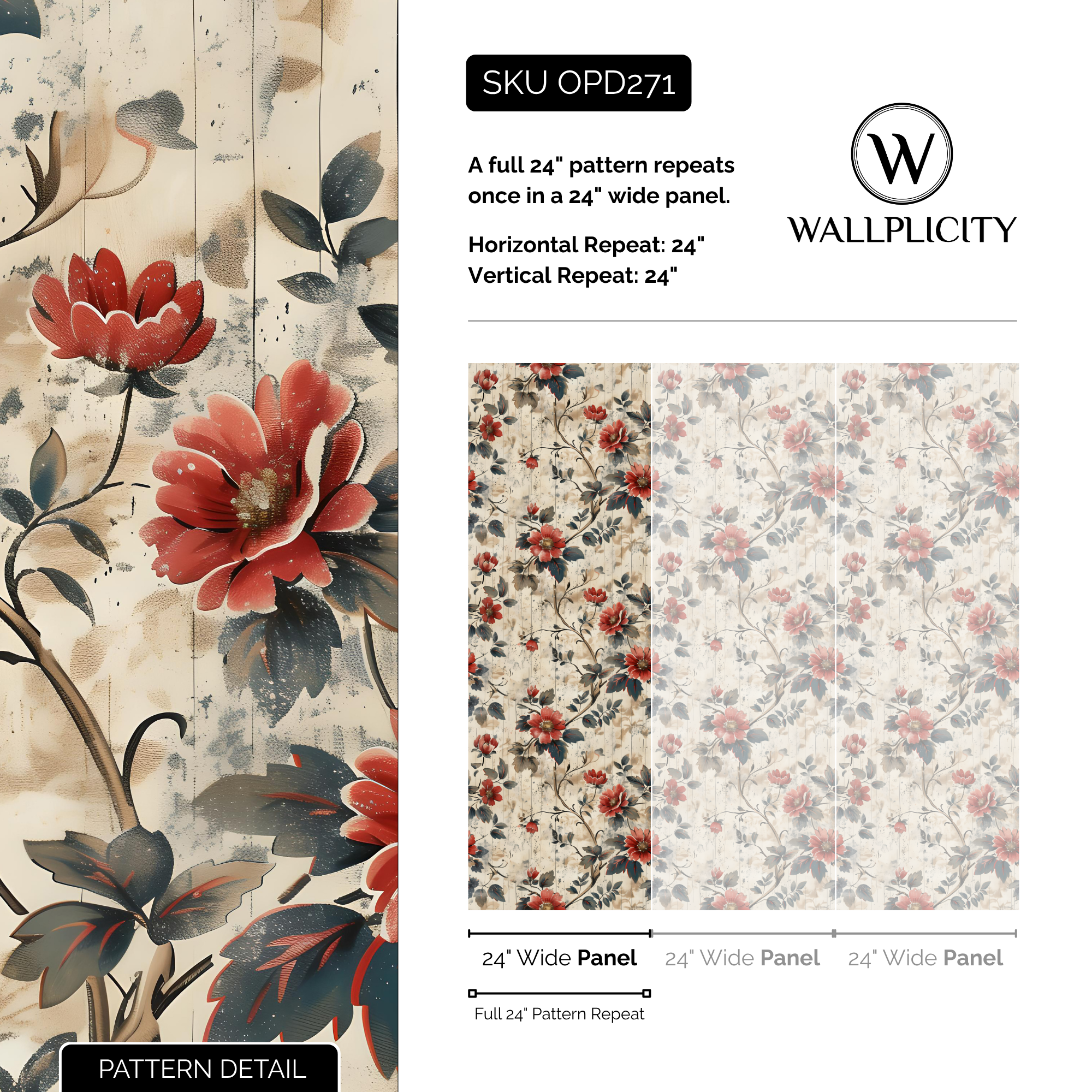Rustic Rose wallpaper pattern detail and repeat size