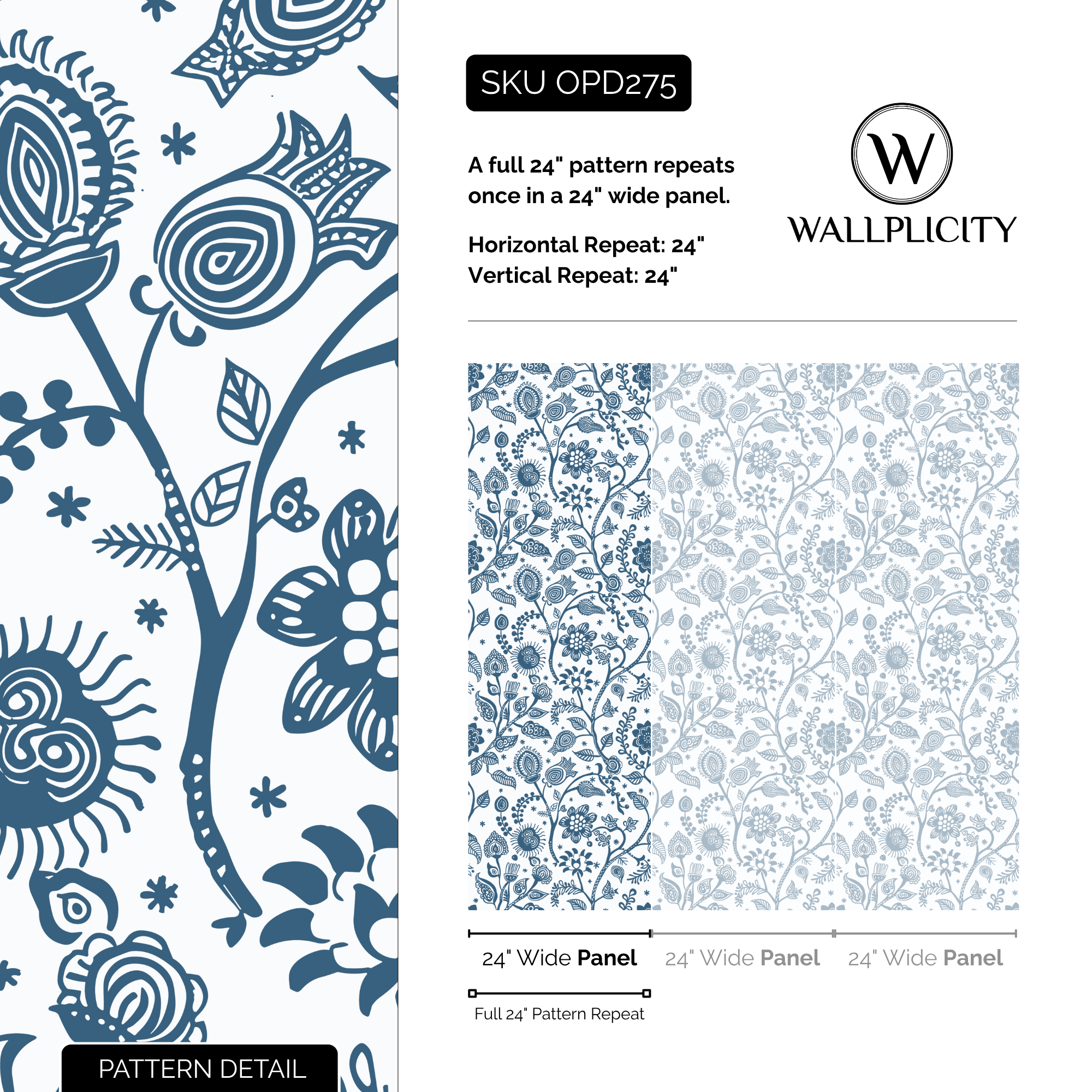 Blue Folk wallpaper pattern detail and repeat size