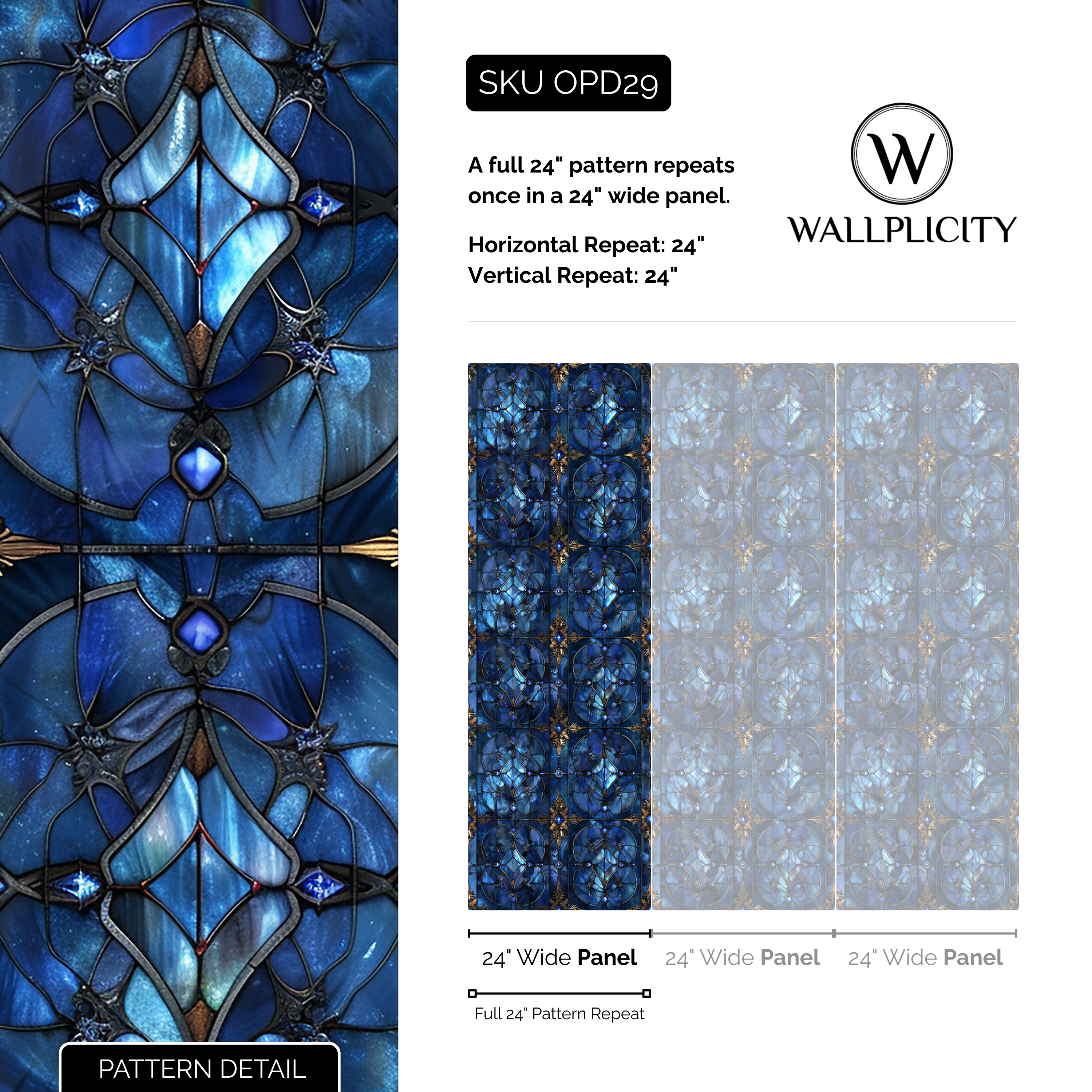 Cathedral Blue wallpaper pattern detail and repeat size