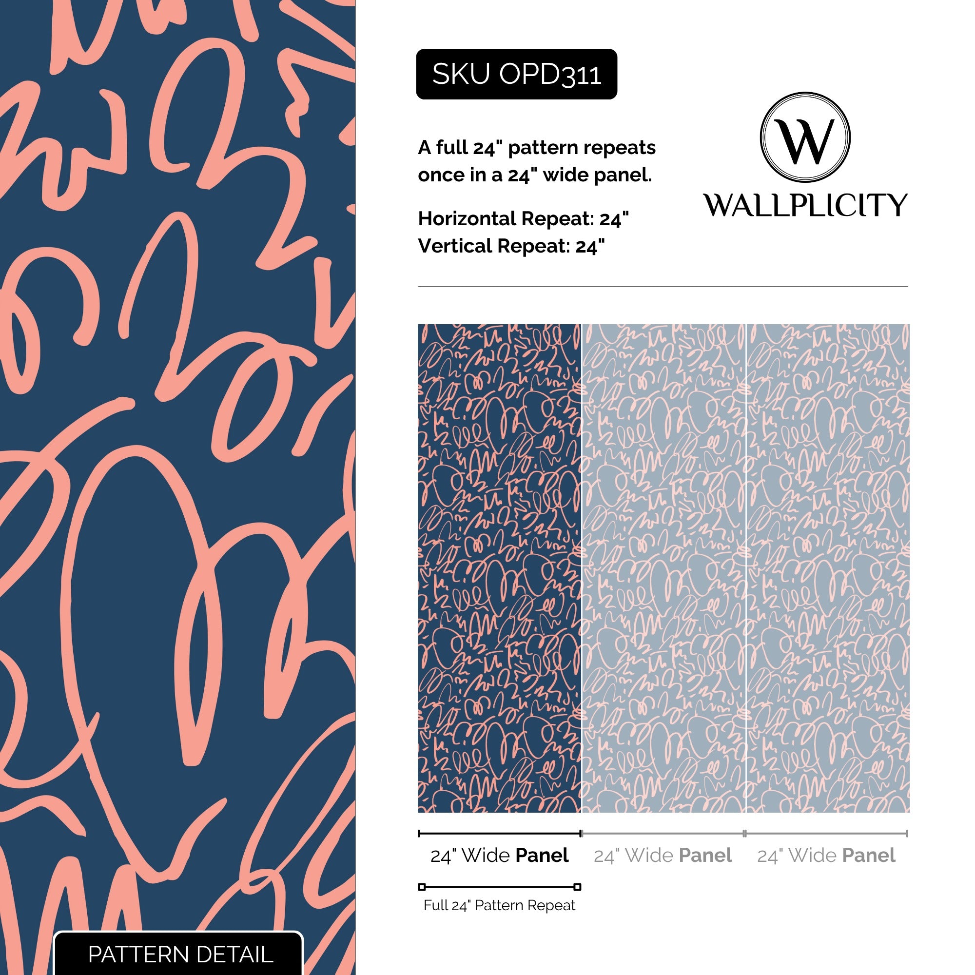 Coral Scribble wallpaper pattern detail and repeat size
