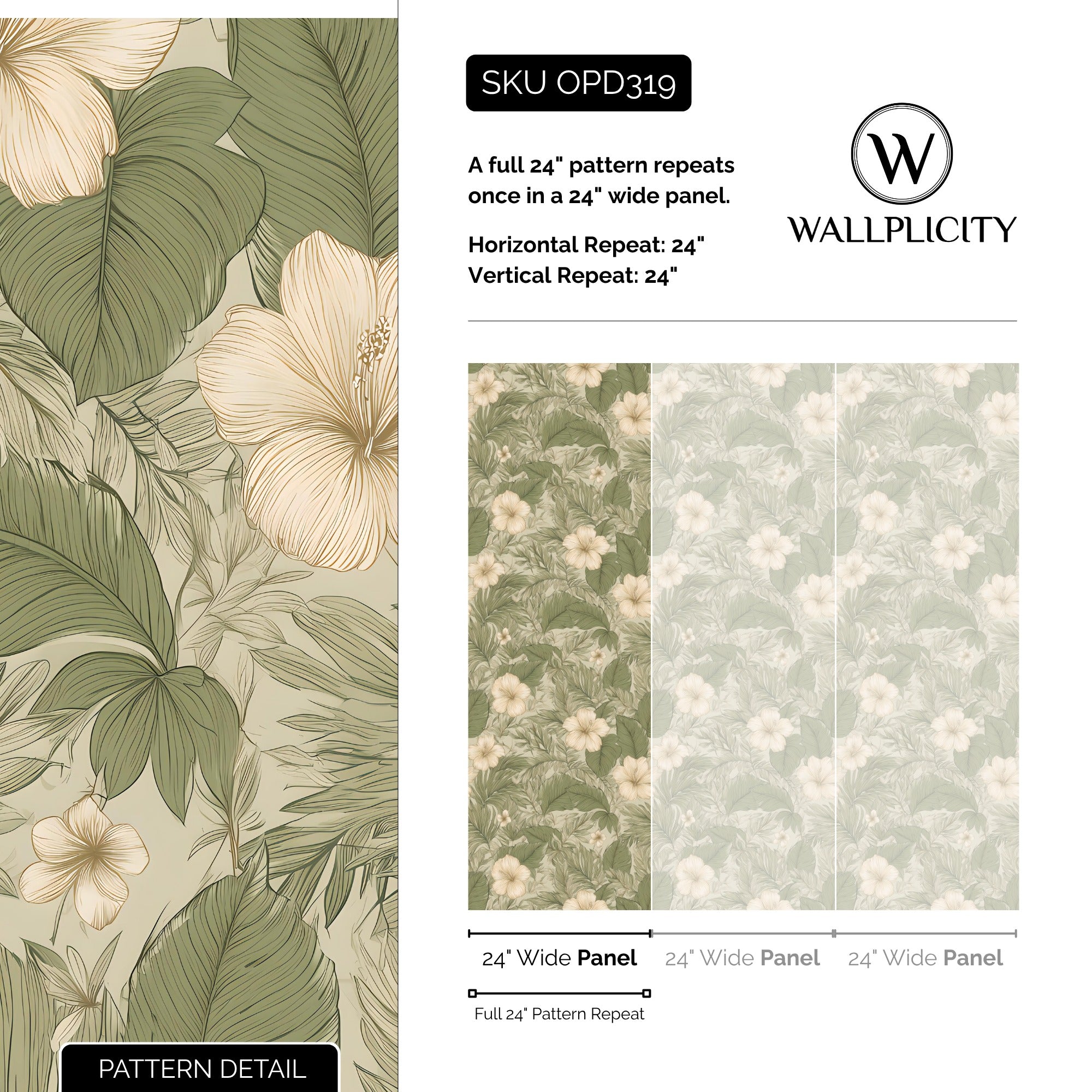 Palm Paradise wallpaper pattern detail and repeat size