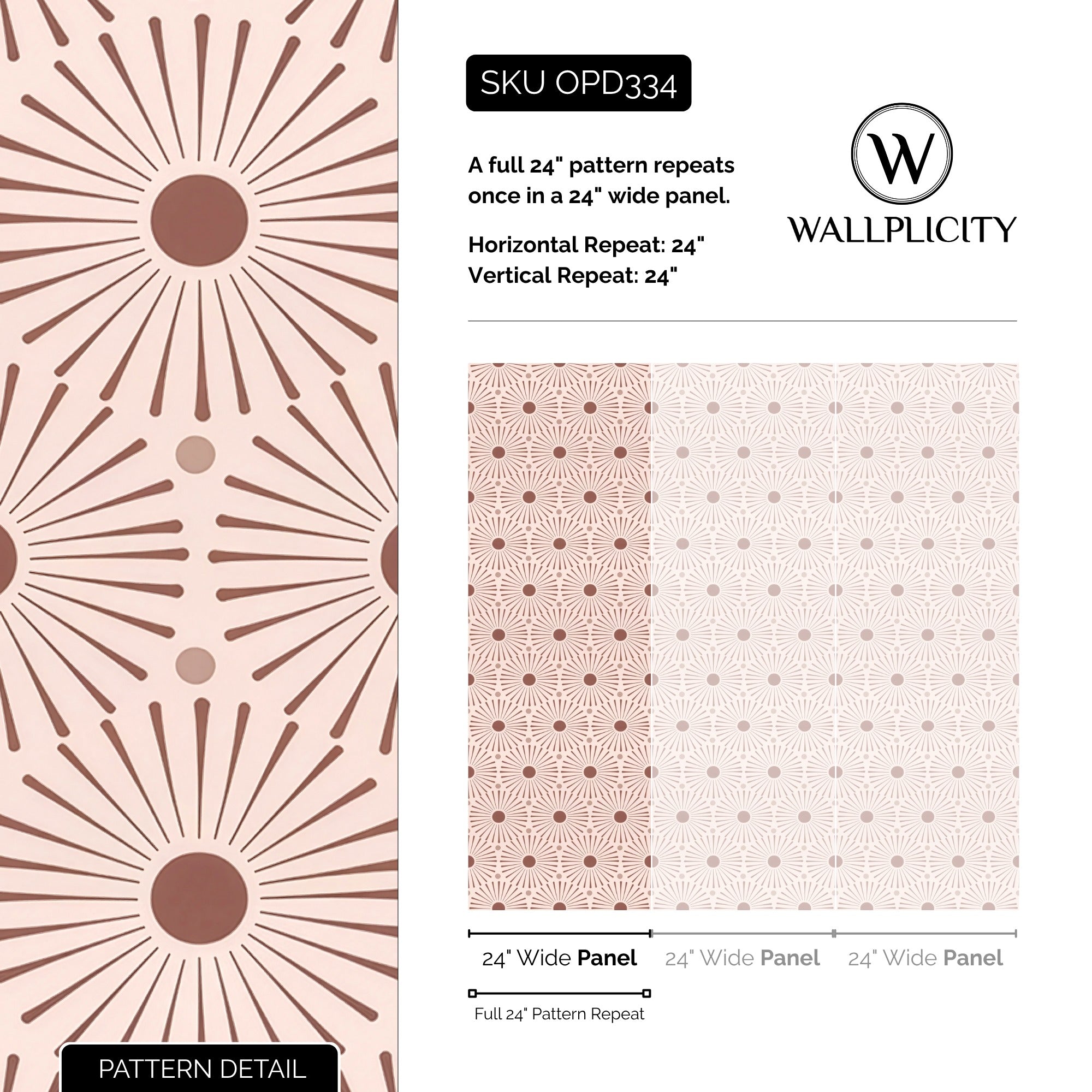 Blush Sunburst wallpaper pattern detail and repeat size