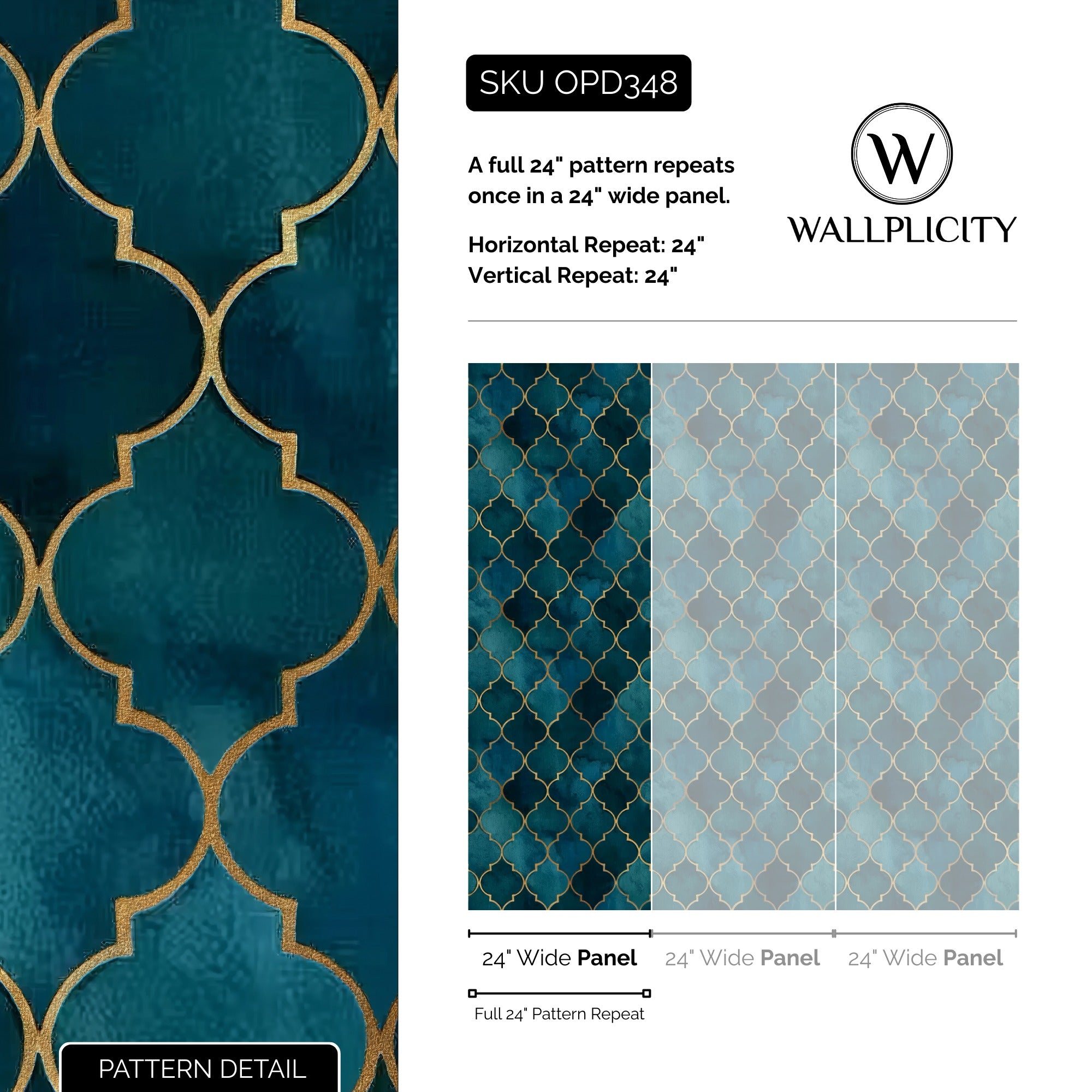 Teal Trellis wallpaper pattern detail and repeat size