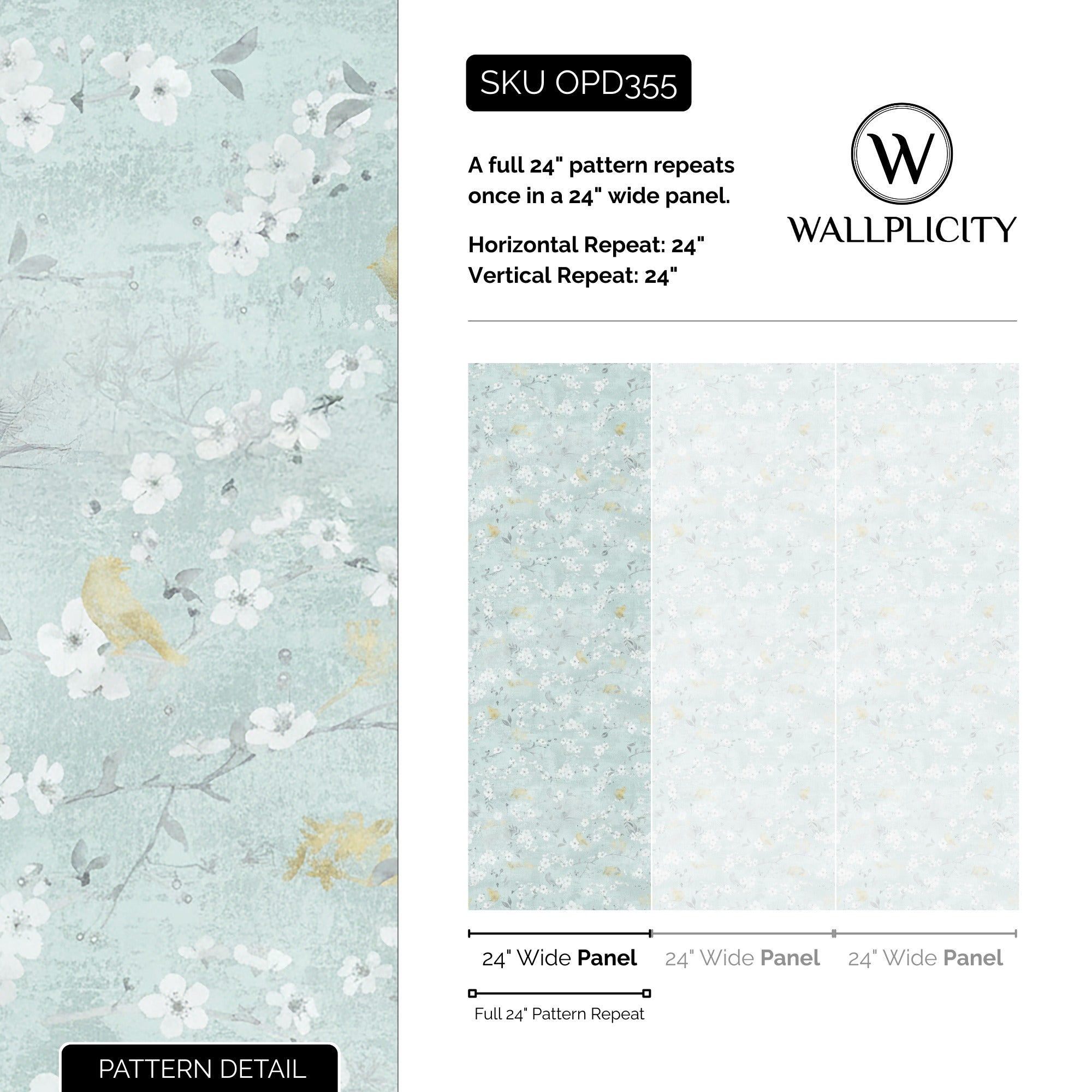 Gilded Wren wallpaper pattern detail and repeat size