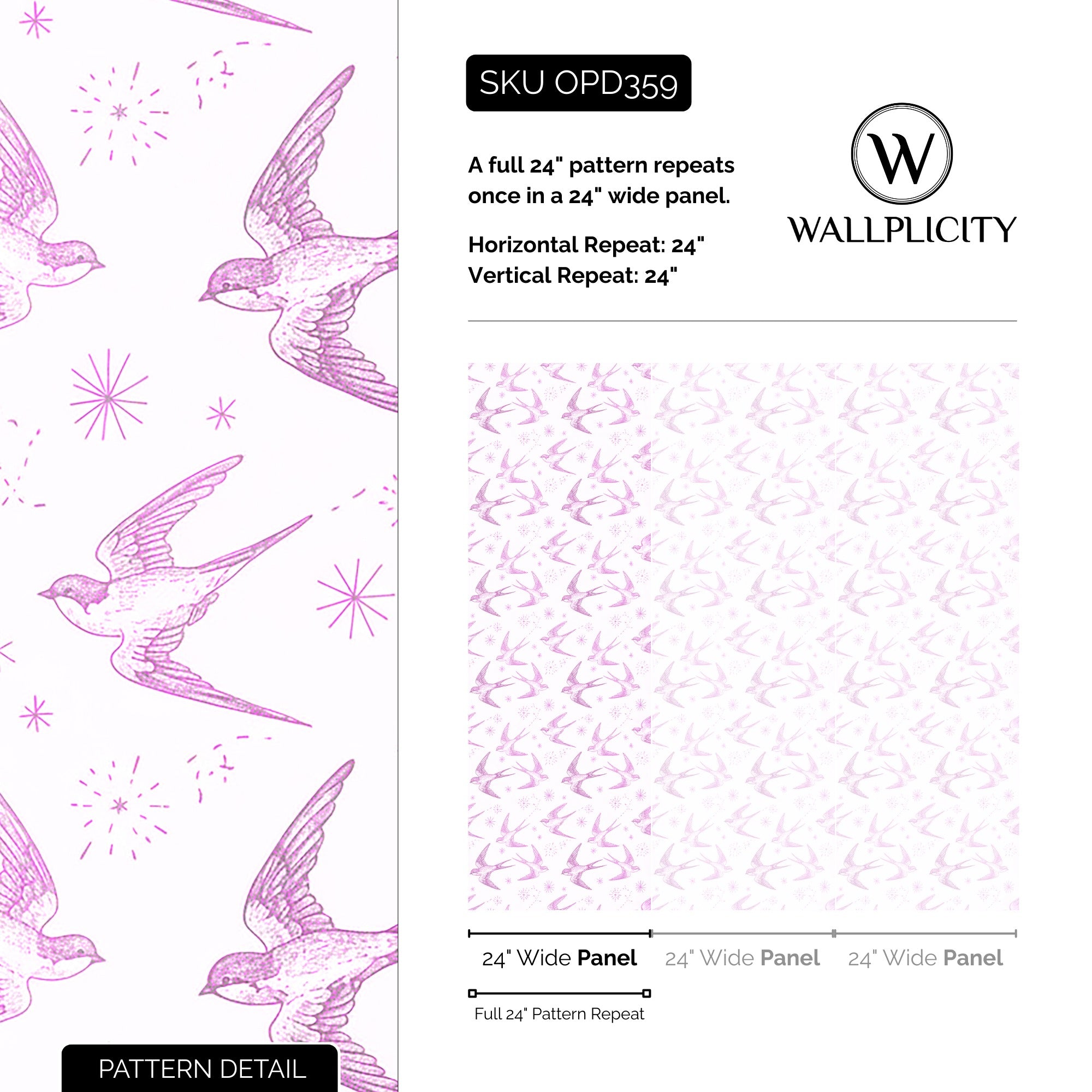 Swallow & Star wallpaper pattern detail and repeat size