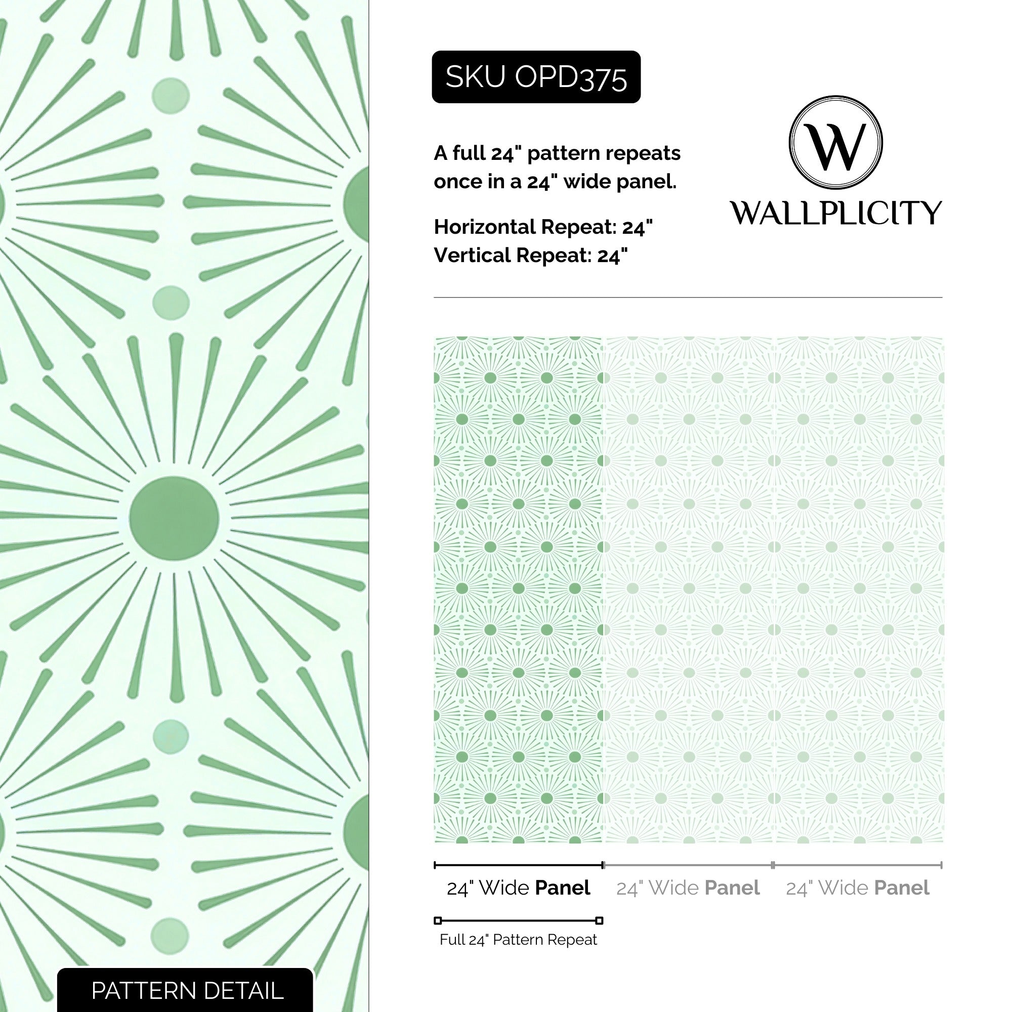 Mint Sunburst wallpaper pattern detail and repeat size