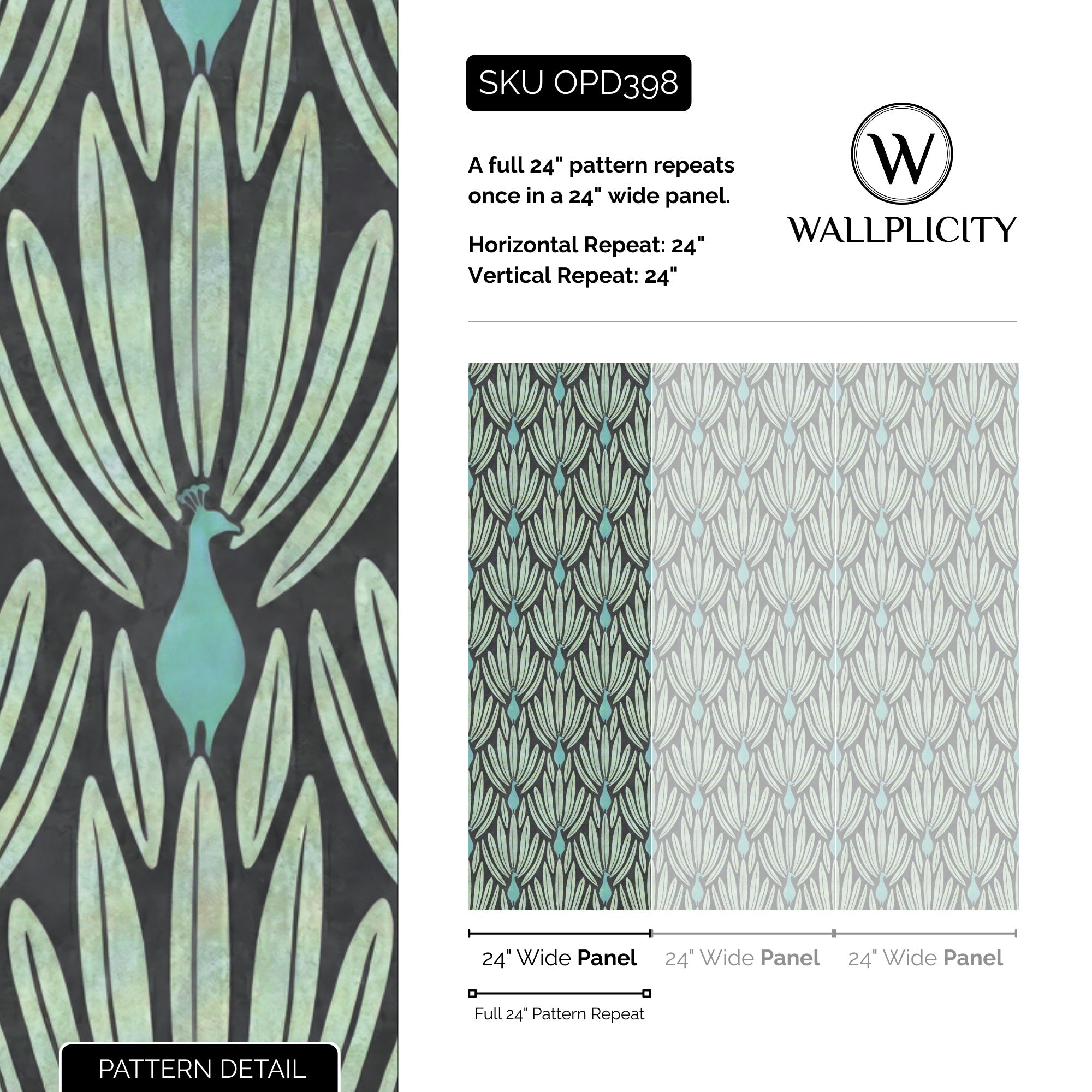 Peacock Lounge wallpaper pattern detail and repeat size