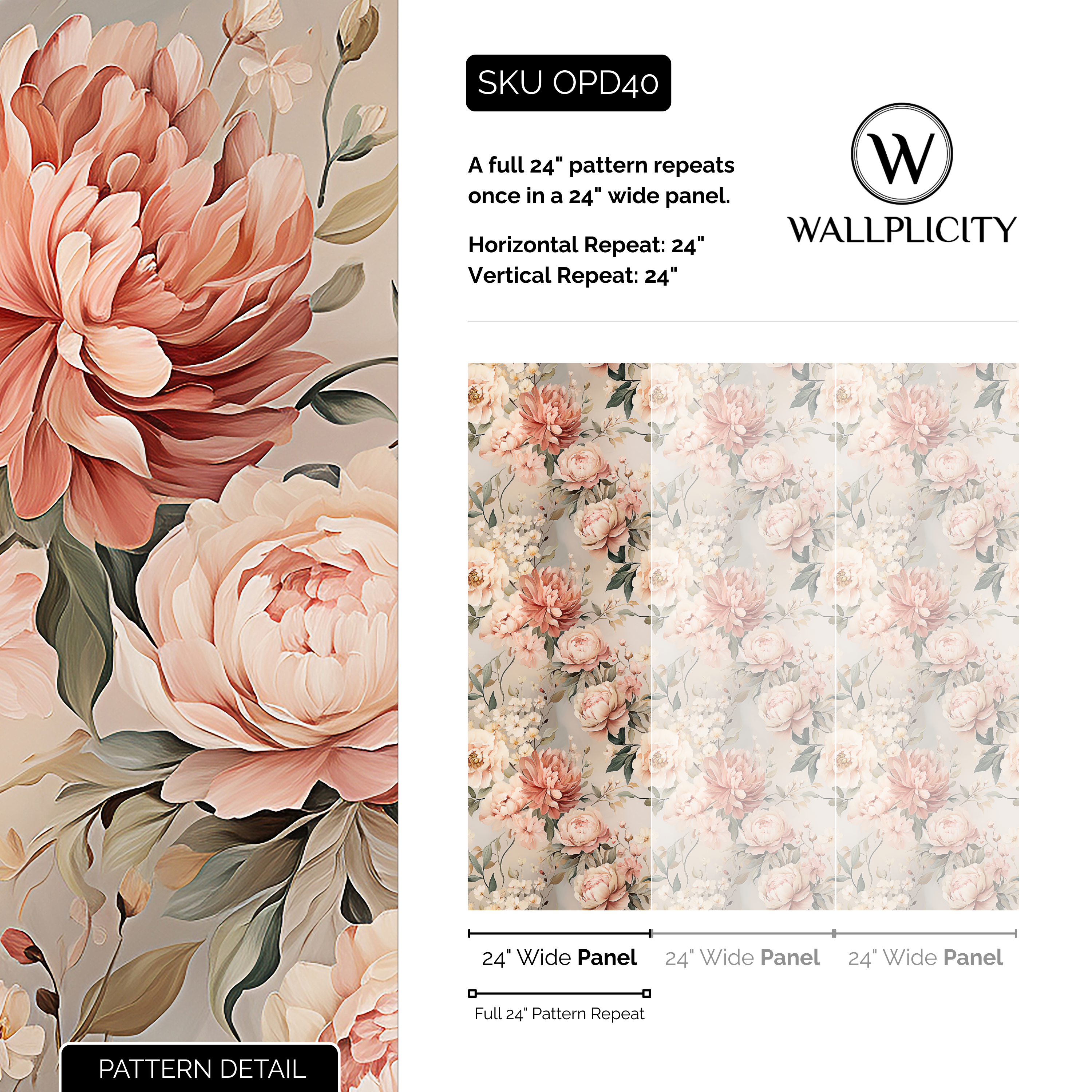 Storybook Rose wallpaper pattern detail and repeat size
