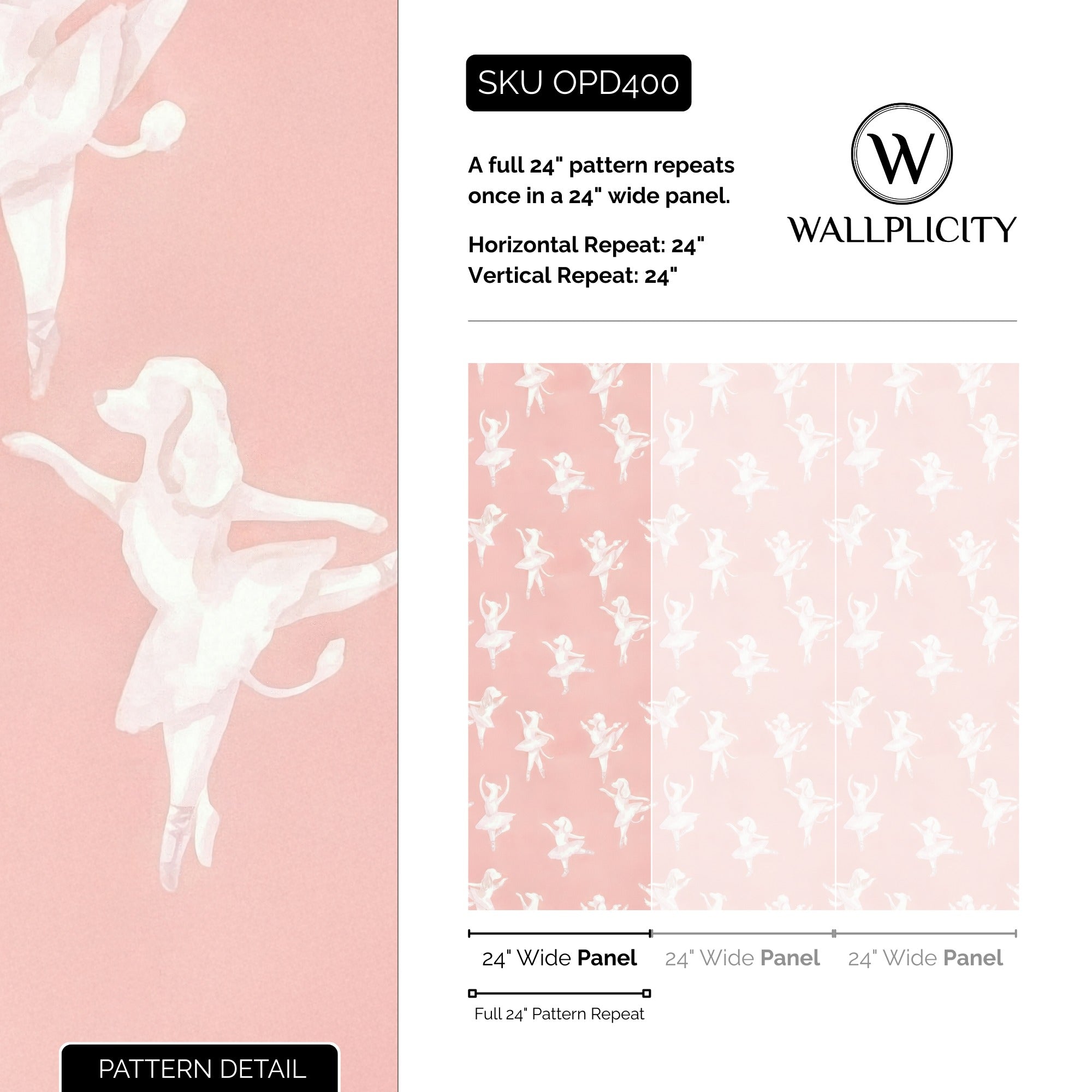 Puppy Ballet wallpaper pattern detail and repeat size