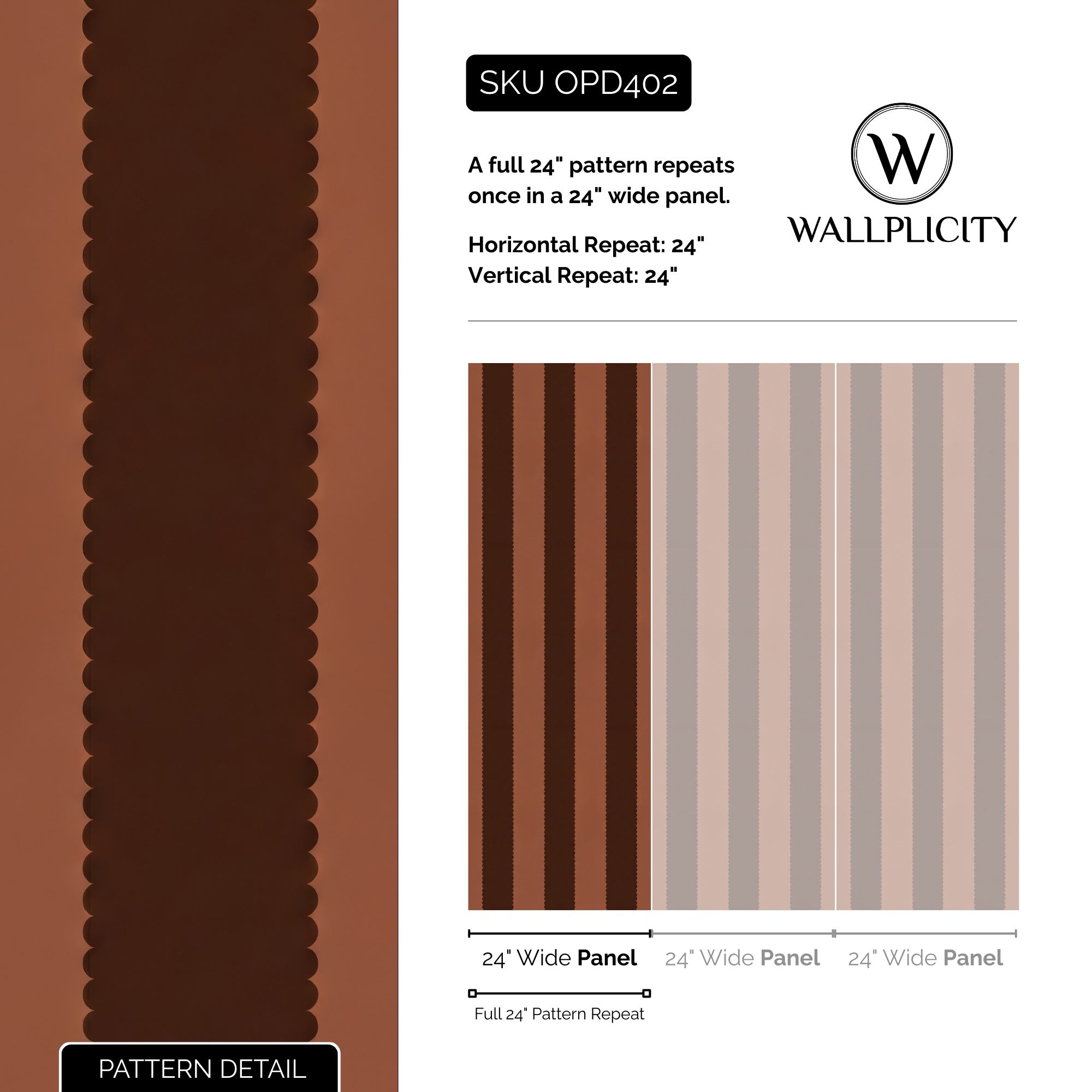 Chocolate Scallop wallpaper pattern detail and repeat size