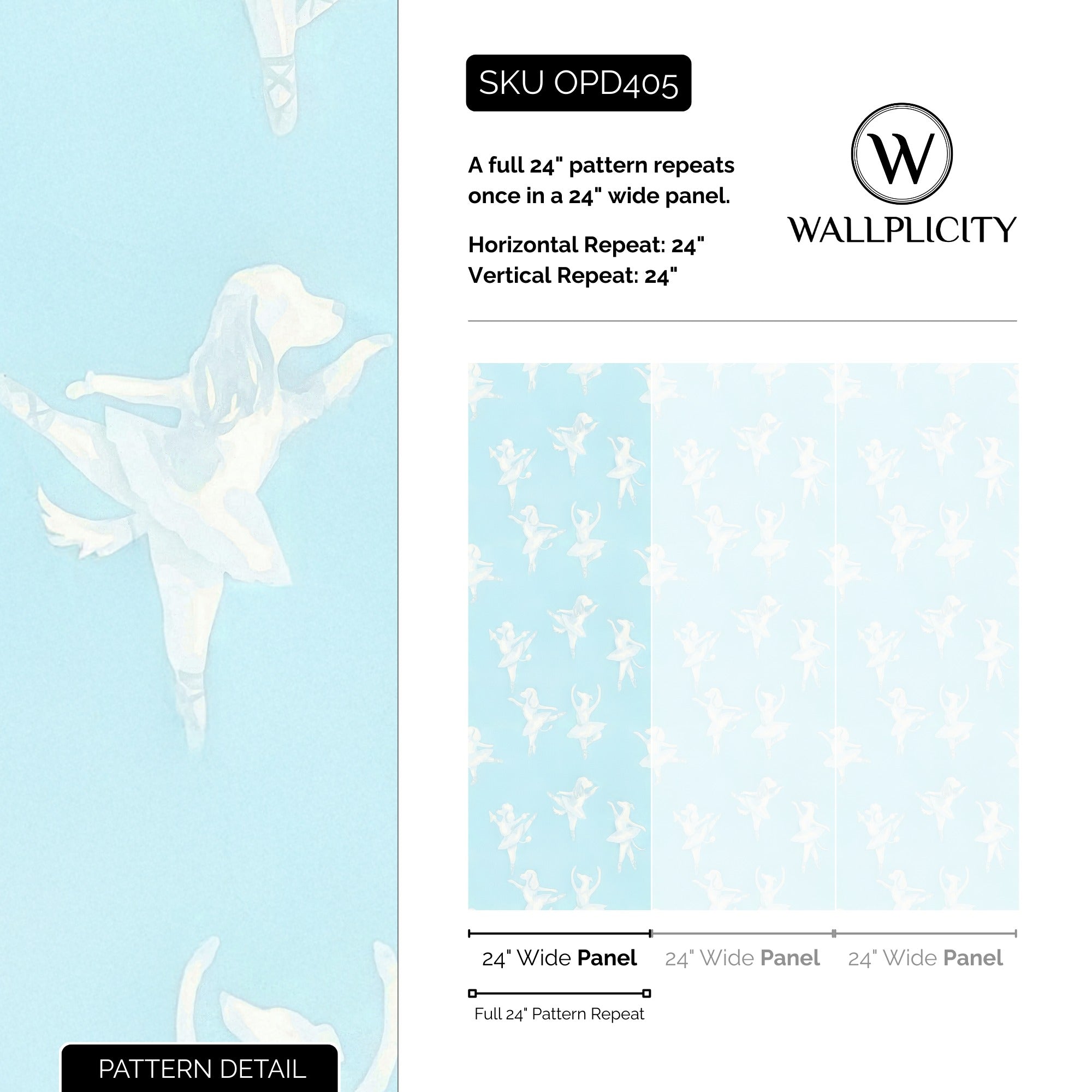 Aqua Pirouette wallpaper pattern detail and repeat size