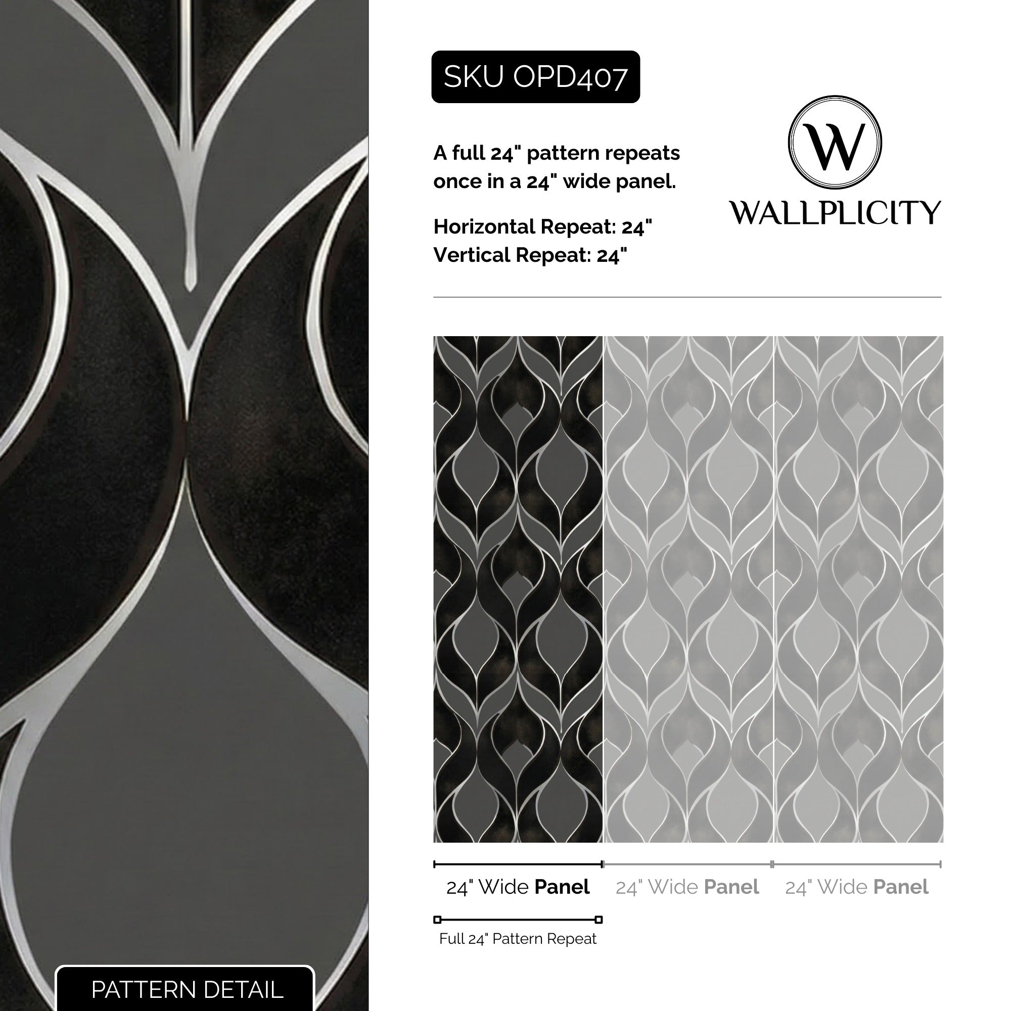 Silver Screen wallpaper pattern detail and repeat size