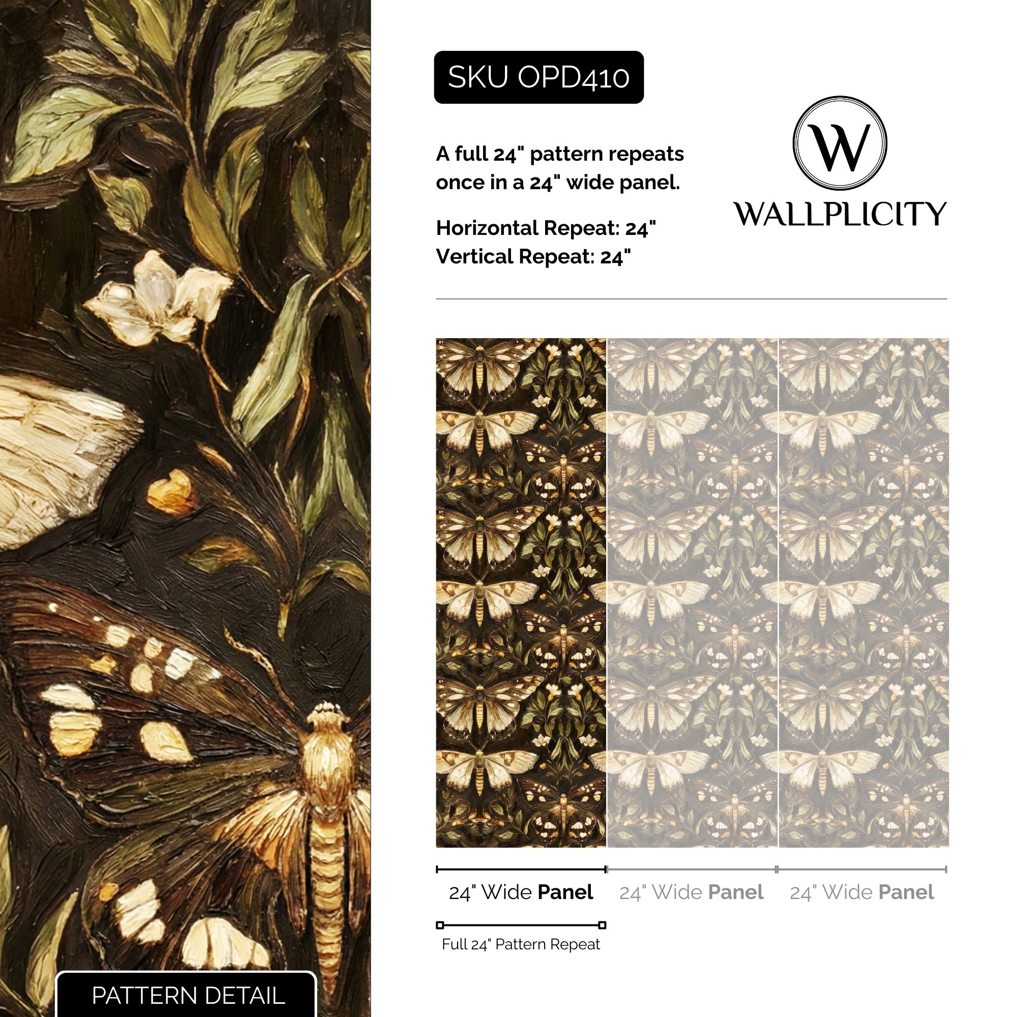 Mothlight wallpaper pattern detail and repeat size