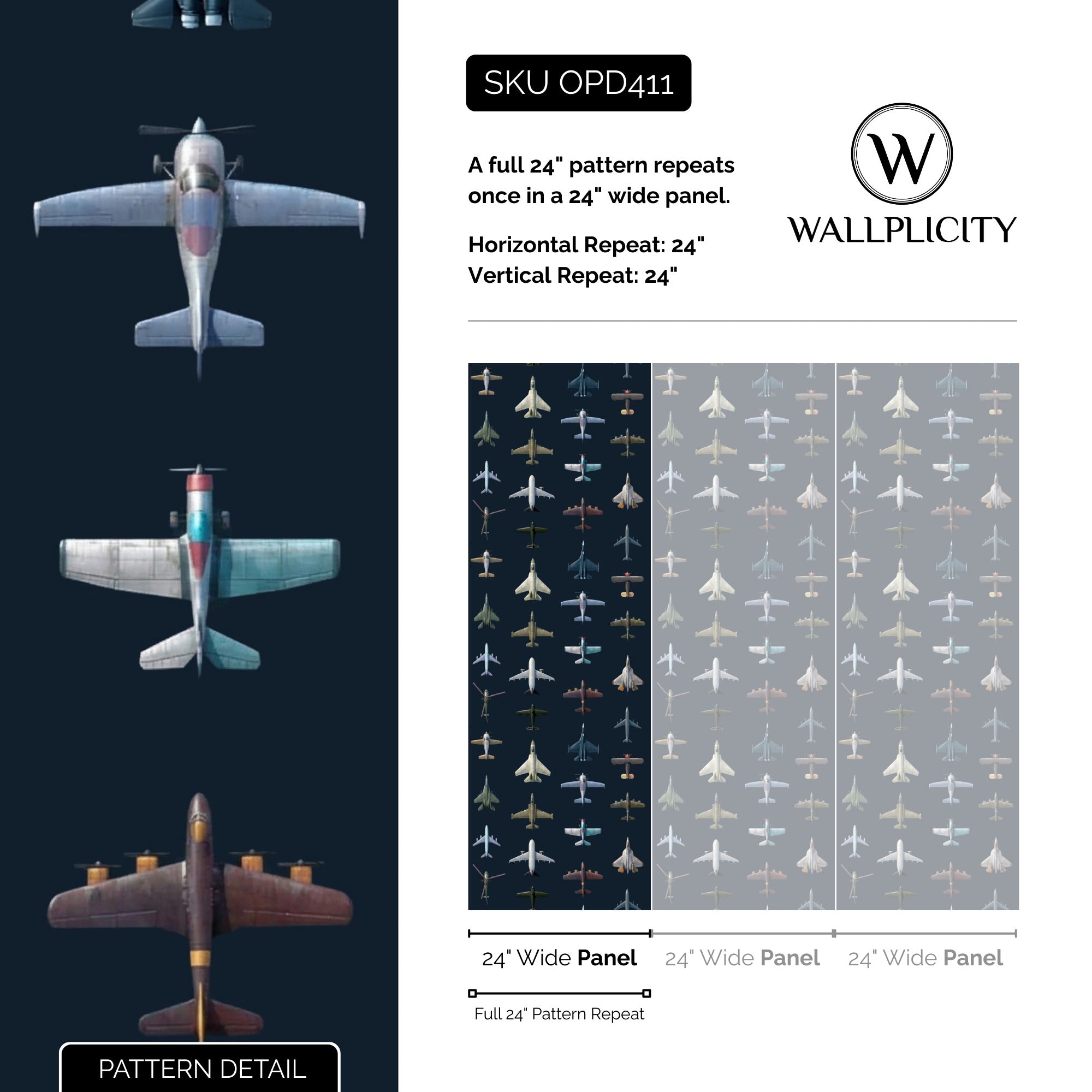 Flying Ace wallpaper pattern detail and repeat size