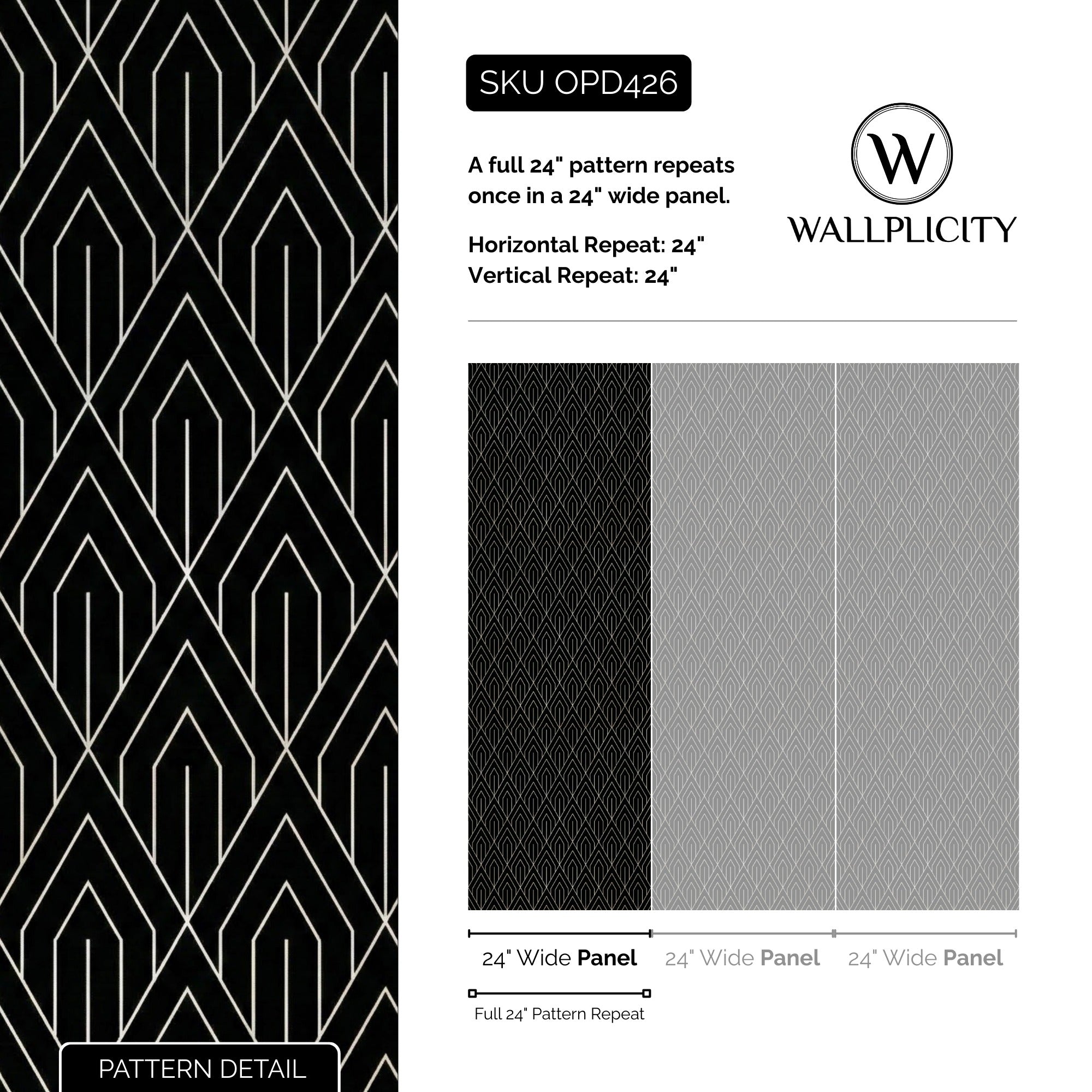 Black Tie Deco wallpaper pattern detail and repeat size