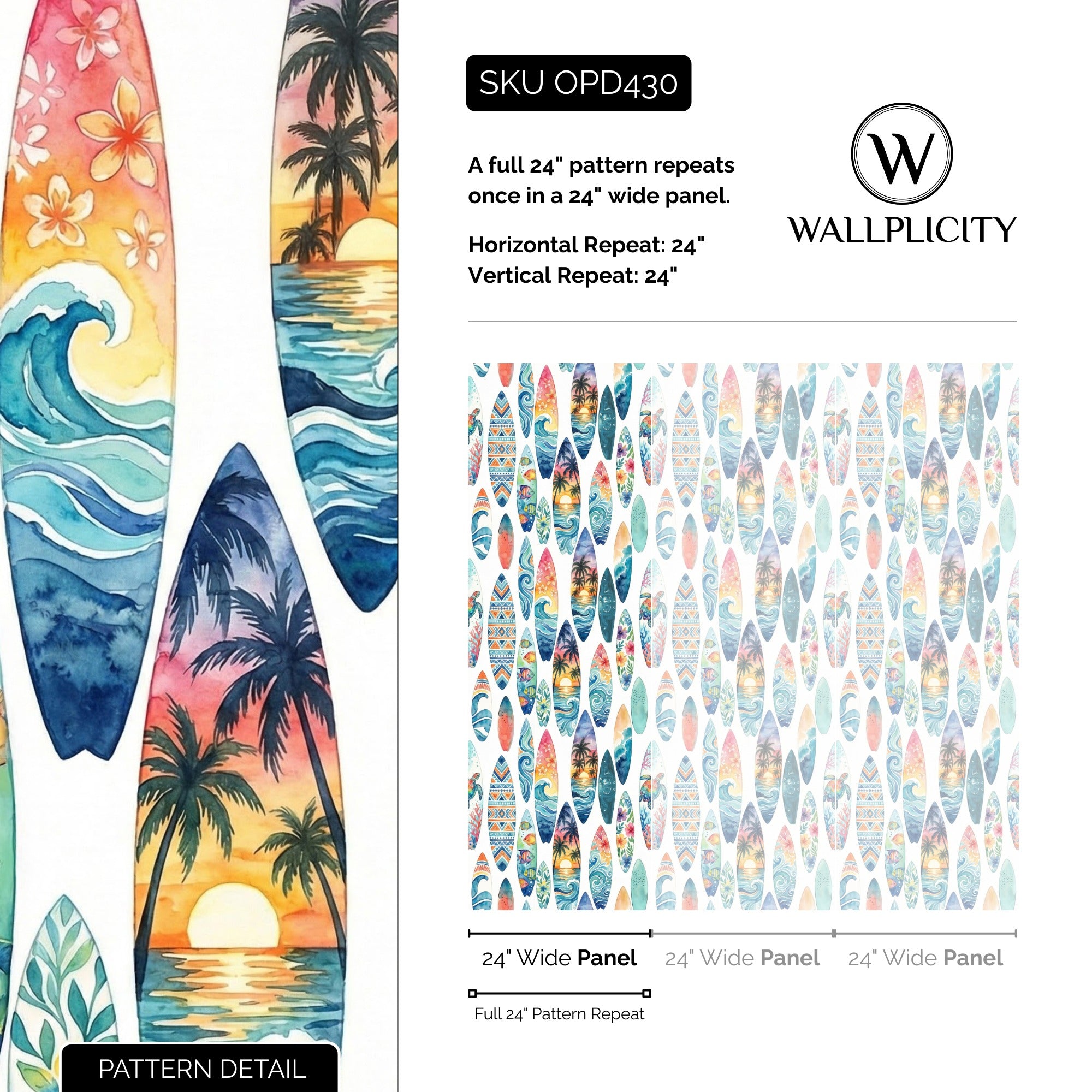 Surf's Up wallpaper pattern detail and repeat size