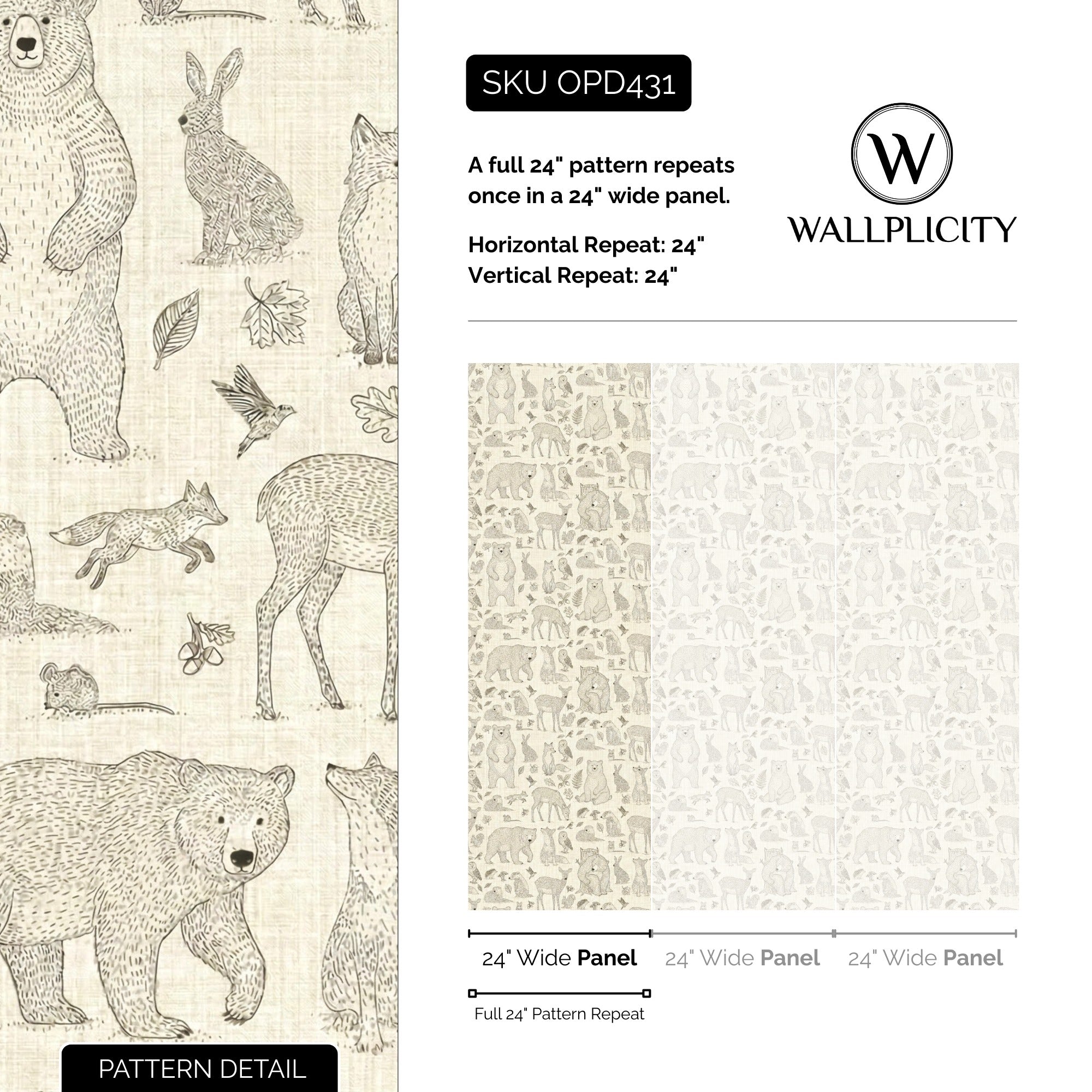 Forest Friends wallpaper pattern detail and repeat size