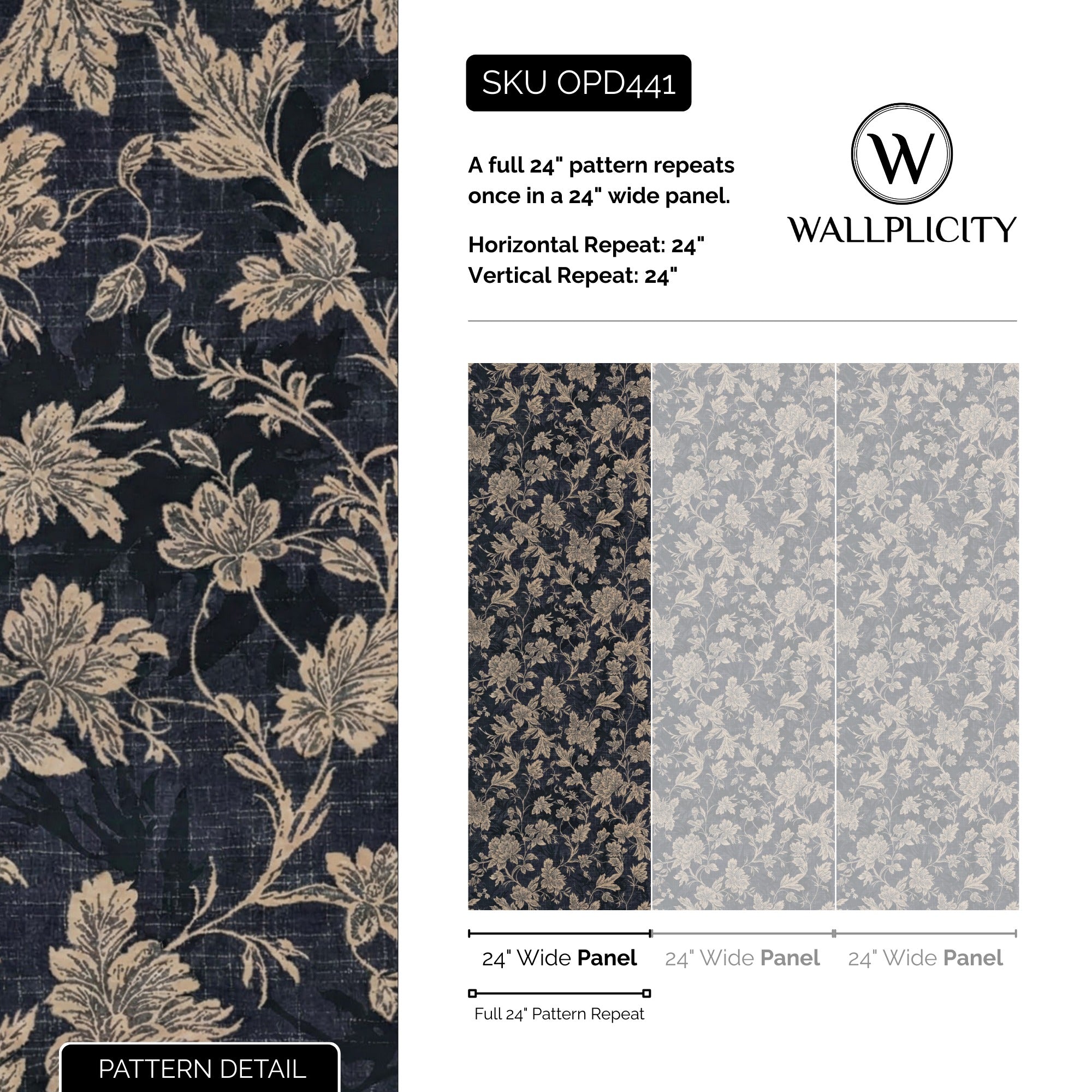 Midnight Posy wallpaper pattern detail and repeat size