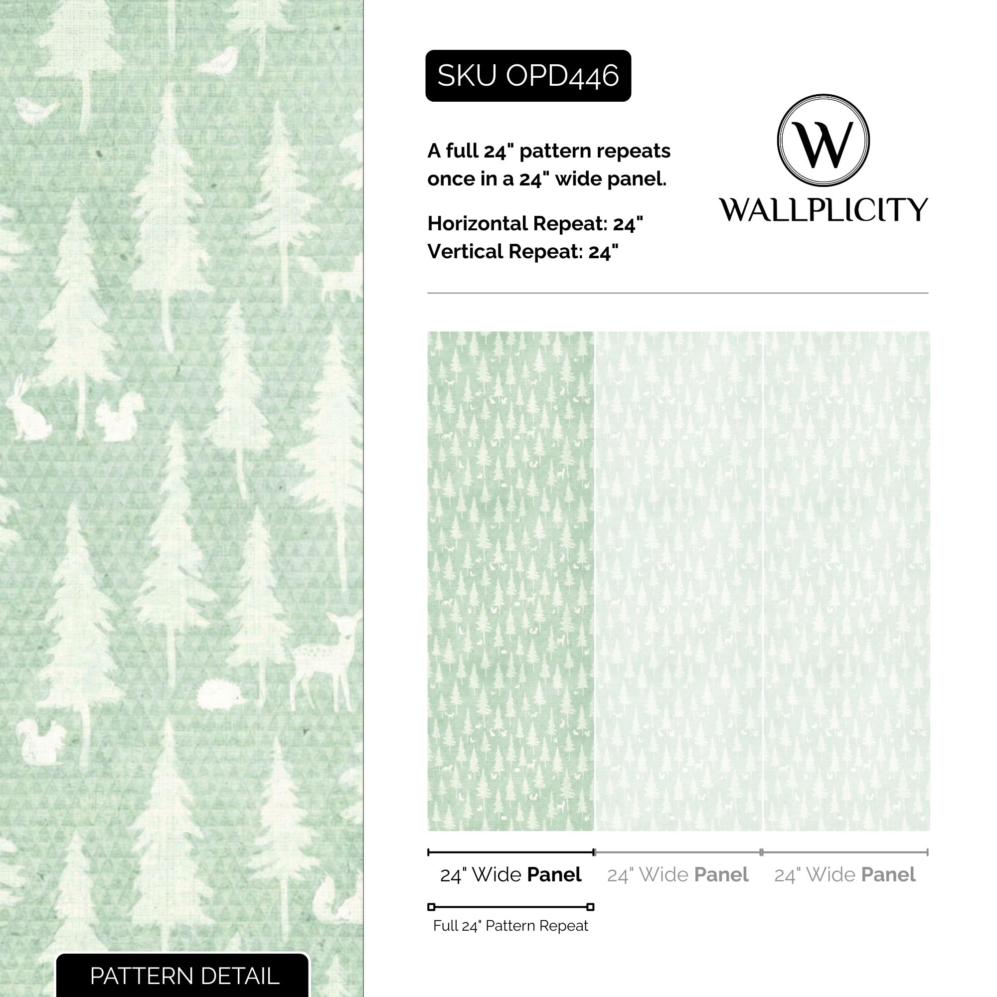 Sage Woodland wallpaper pattern detail and repeat size