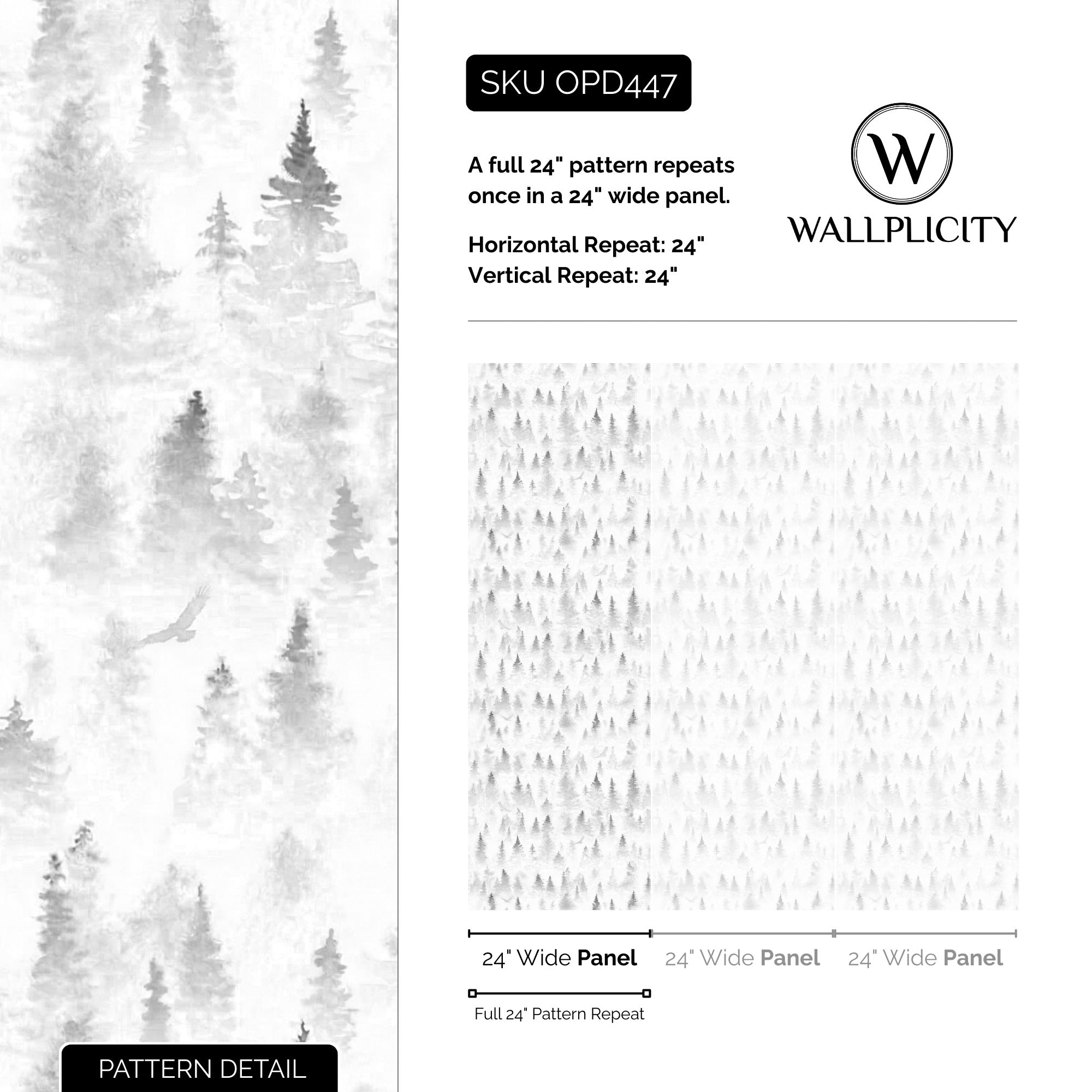 Pine Mist wallpaper pattern detail and repeat size