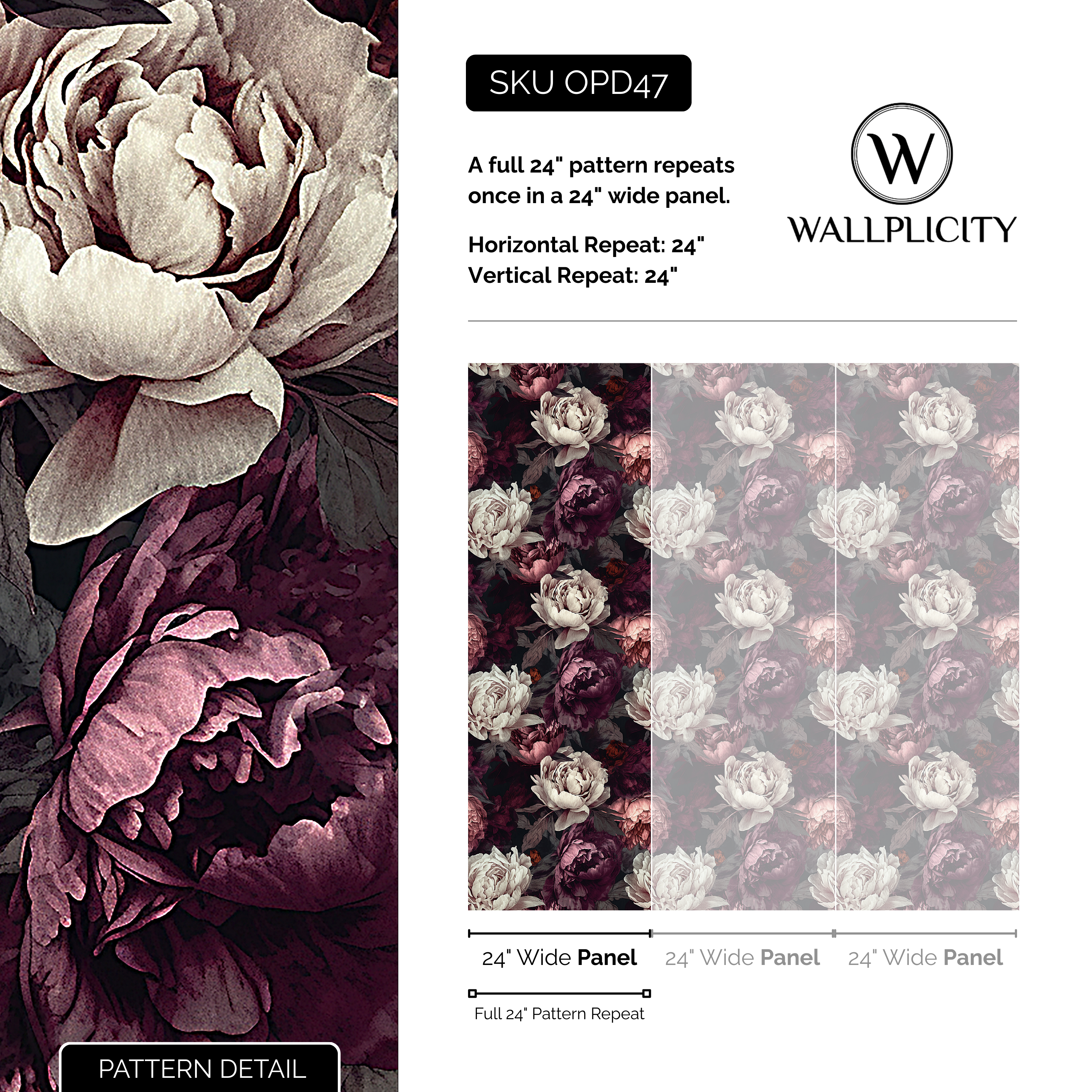 Raven Peony wallpaper pattern detail and repeat size