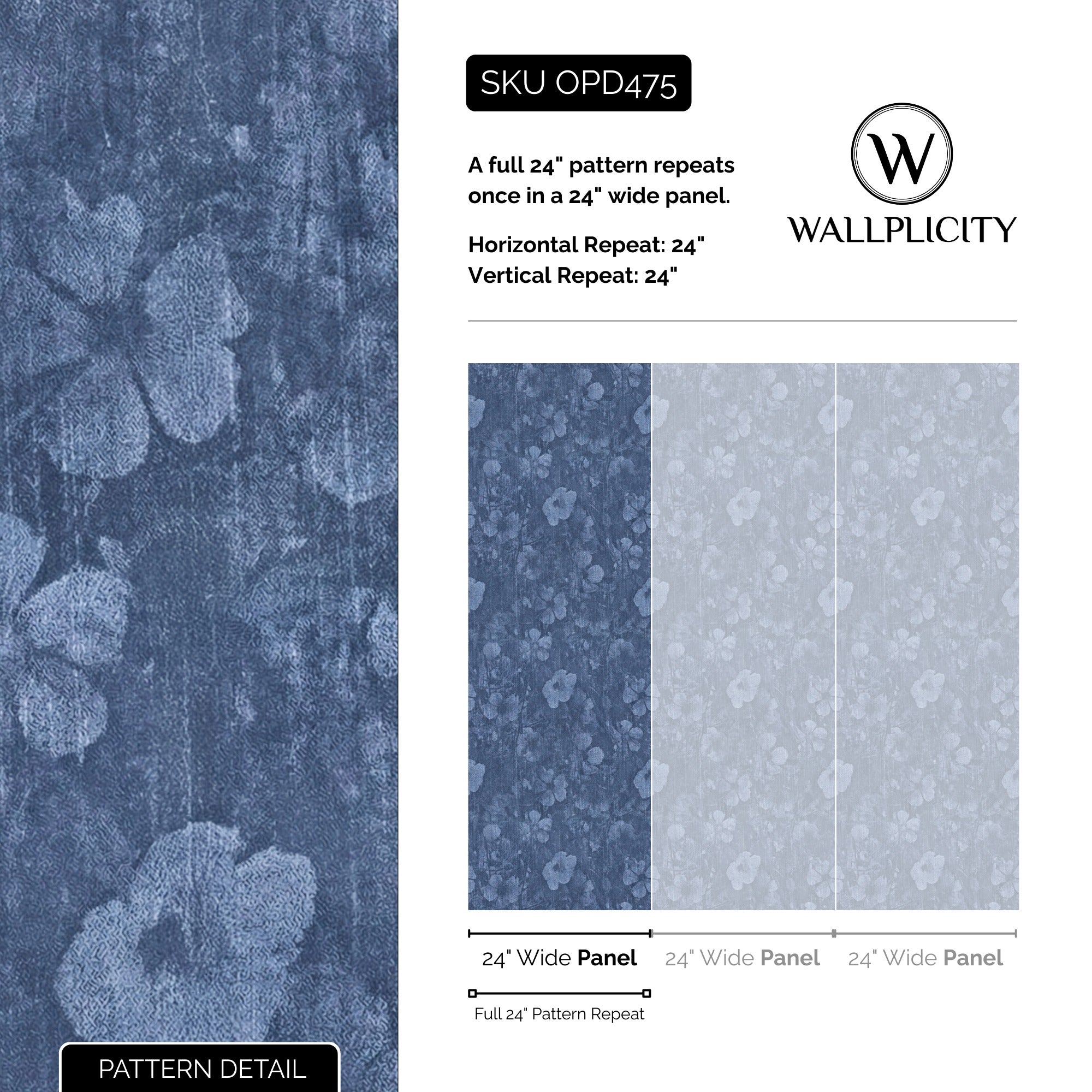 Denim Garden wallpaper pattern detail and repeat size
