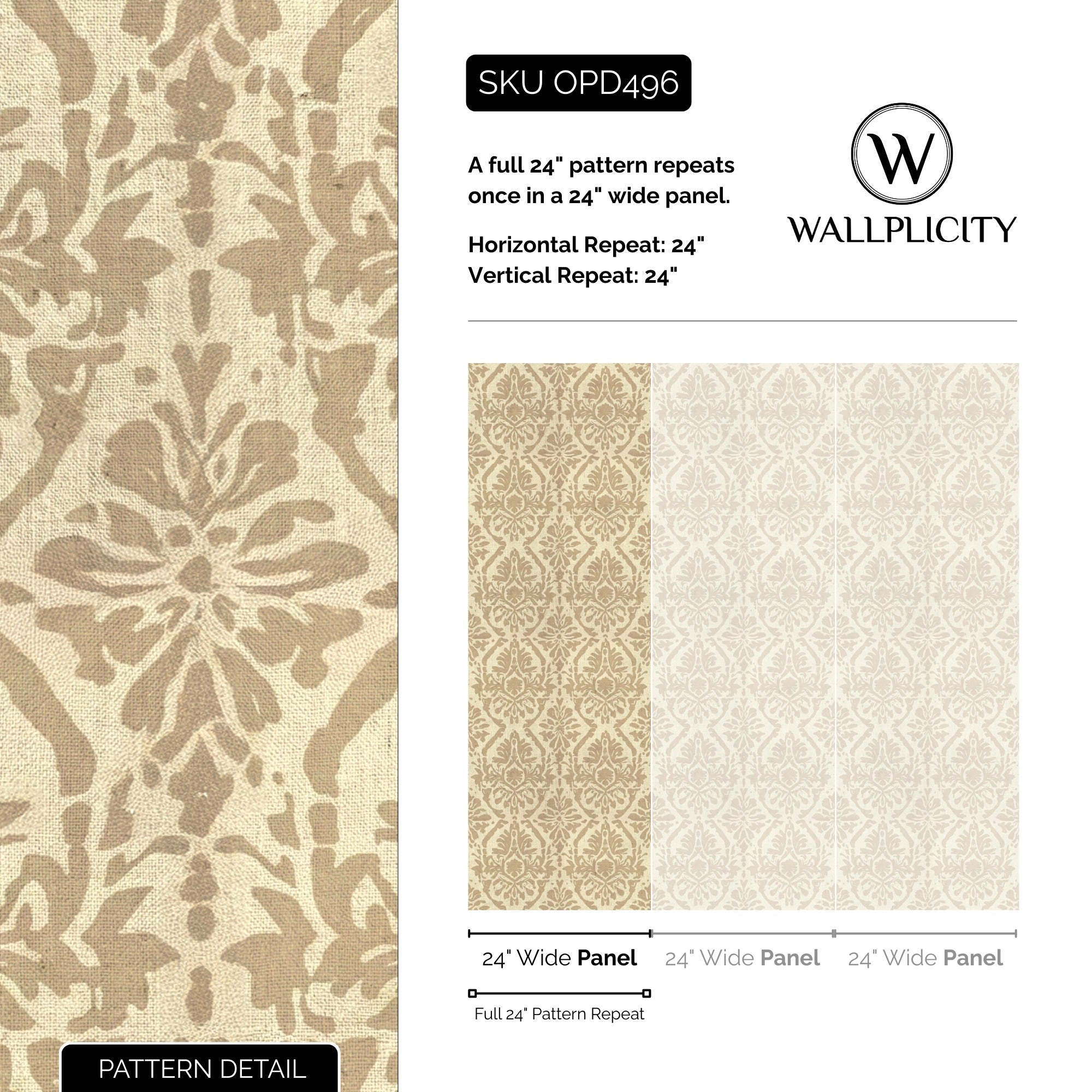 Linen Damask wallpaper pattern detail and repeat size