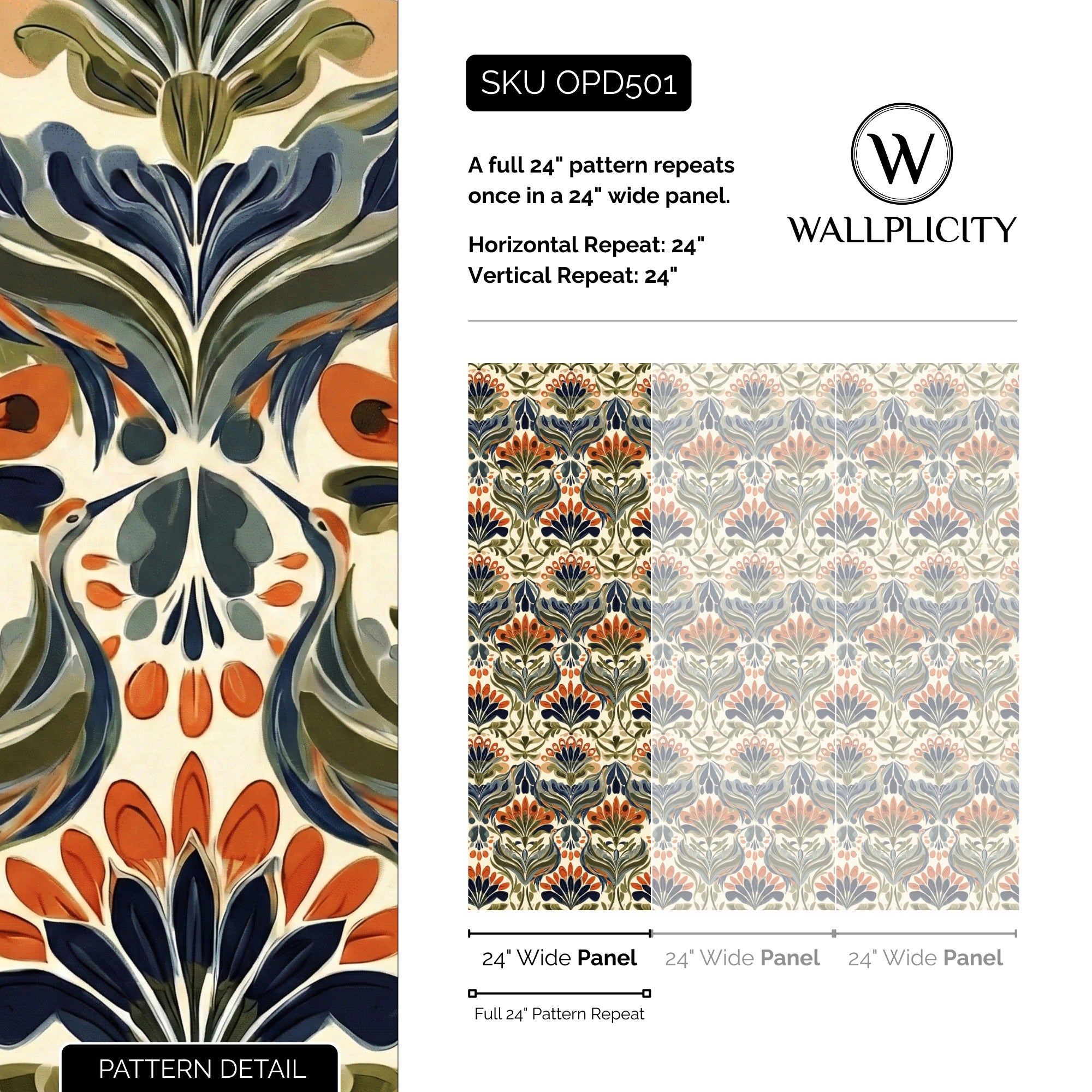 Nouveau Peacock wallpaper pattern detail and repeat size