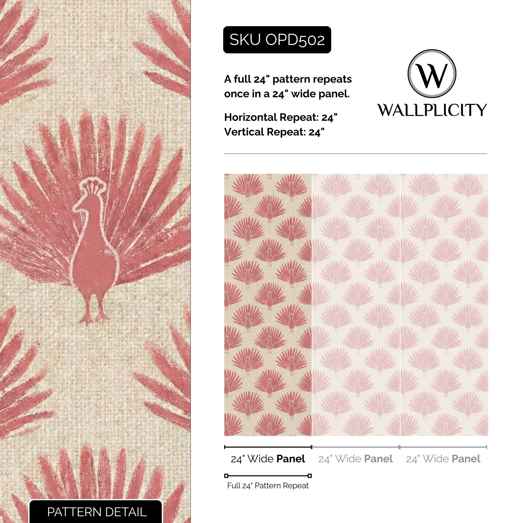 Blush Peacock wallpaper pattern detail and repeat size