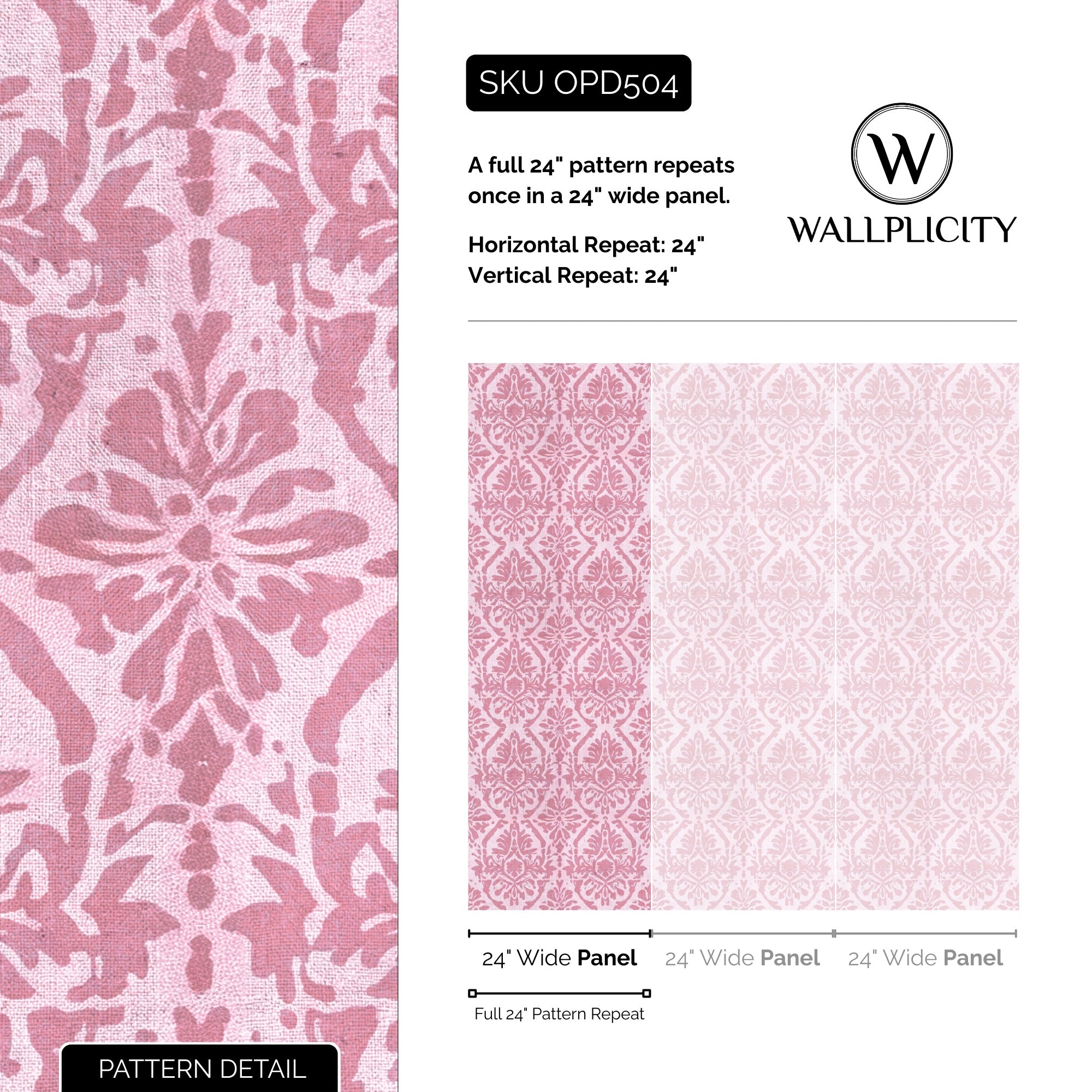 Rose Damask wallpaper pattern detail and repeat size