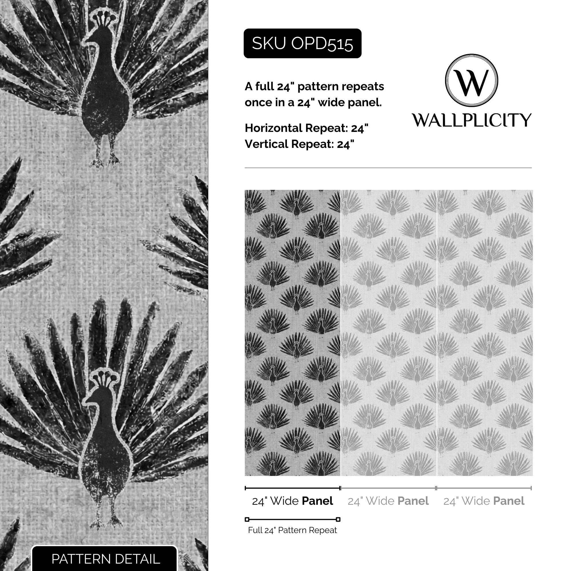 Peacock Noir wallpaper pattern detail and repeat size