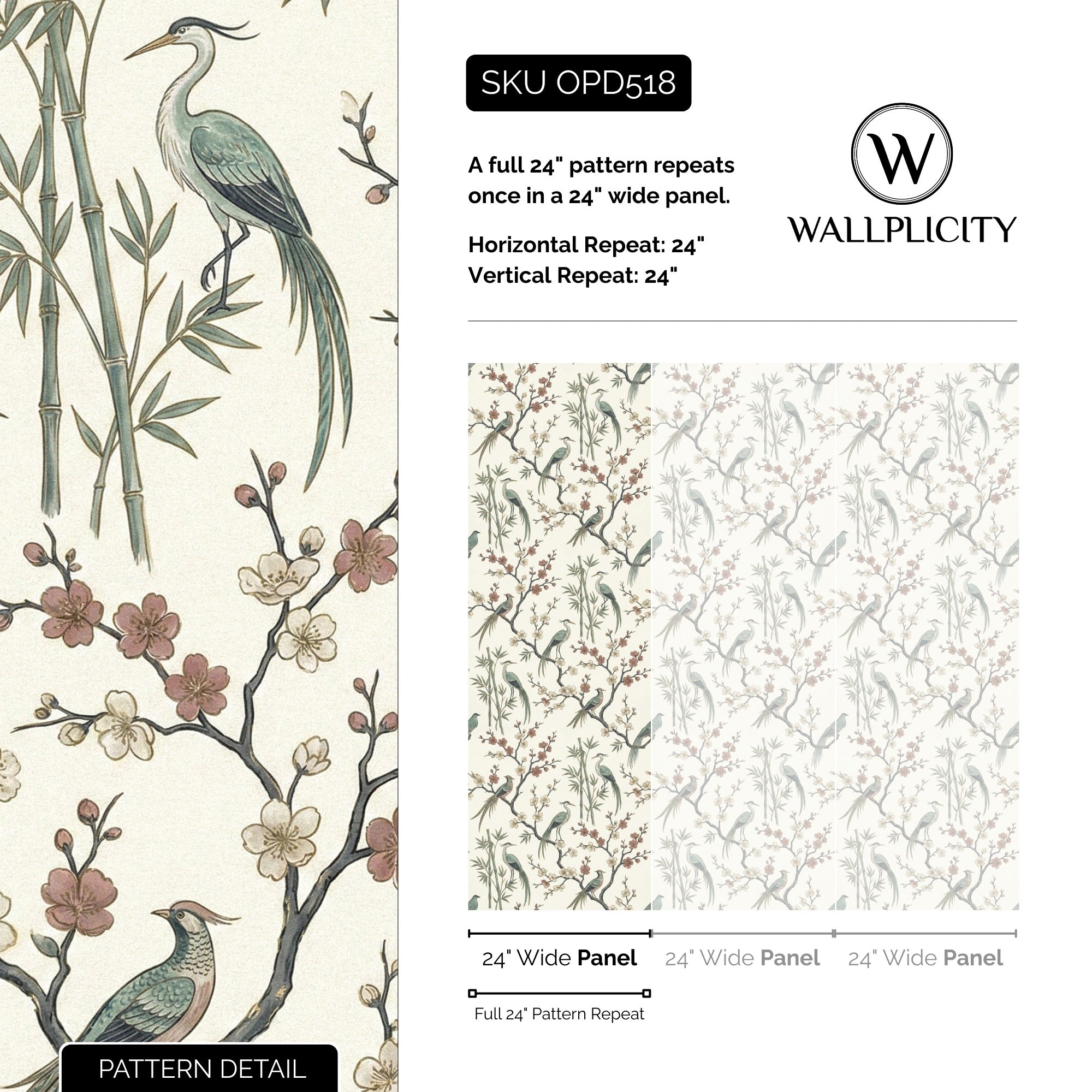 Crane Garden wallpaper pattern detail and repeat size
