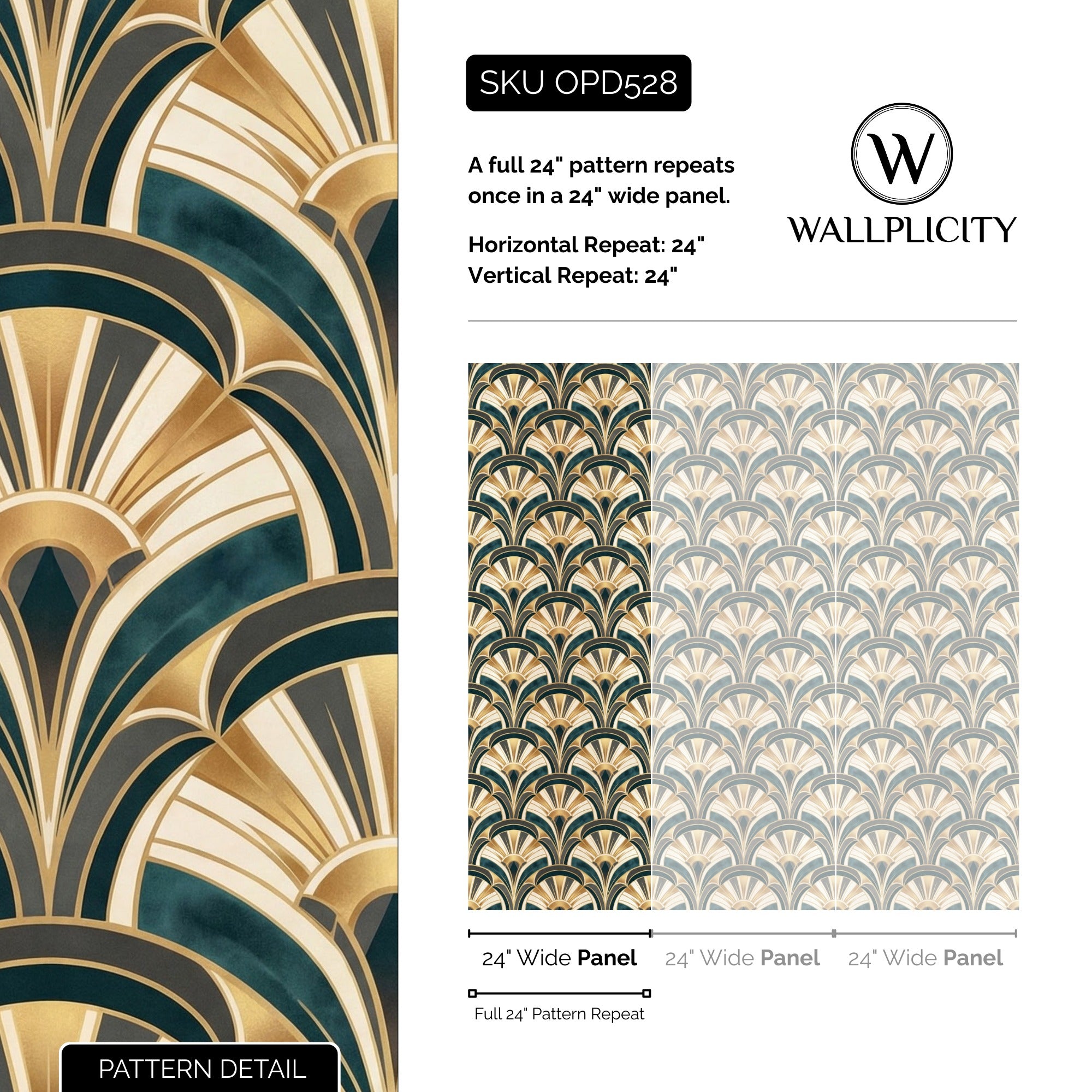 Jade Deco wallpaper pattern detail and repeat size