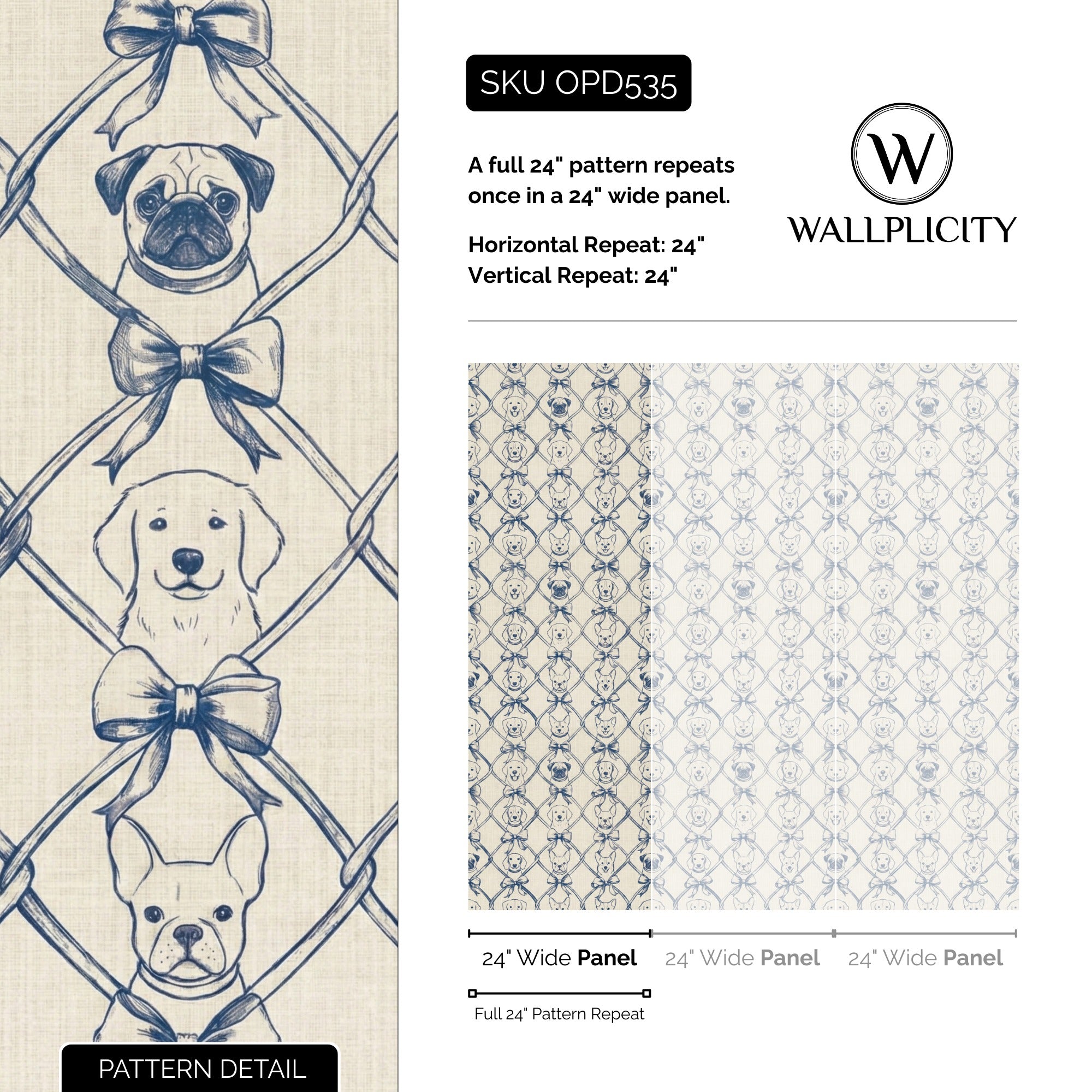 Puppy Toile wallpaper pattern detail and repeat size