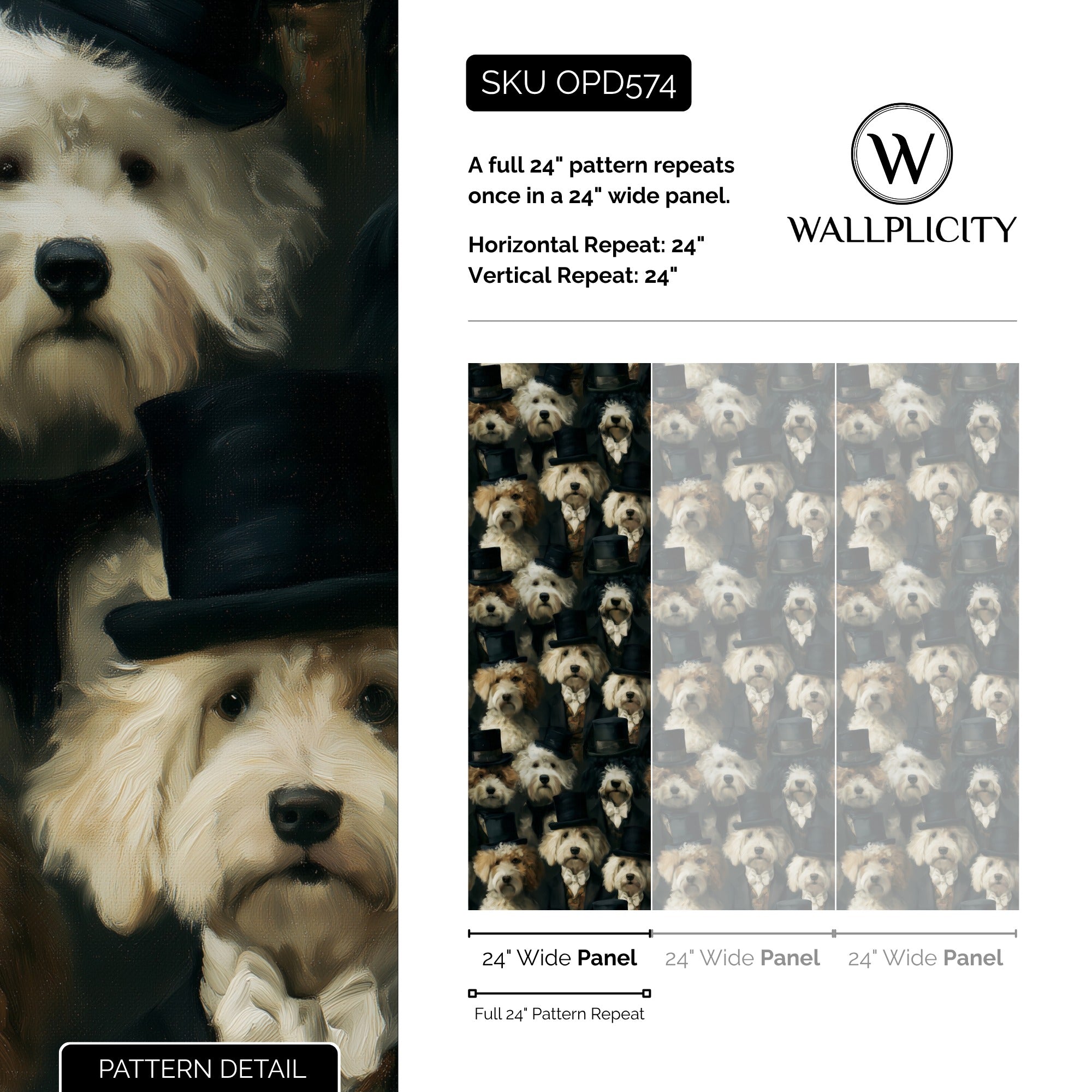 Dapper Dogs wallpaper pattern detail and repeat size